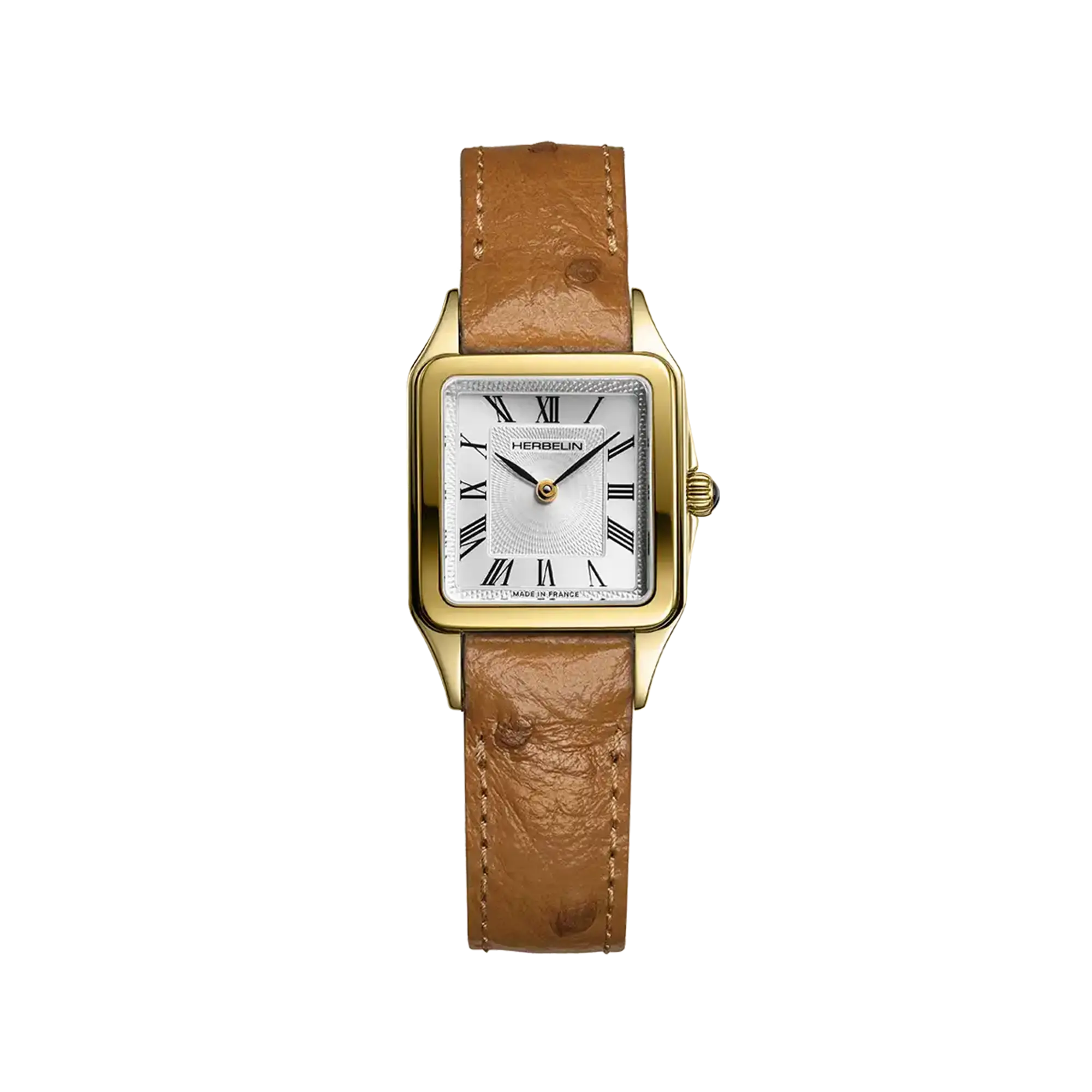 Luna, cadran argent guilloché, boîtier carré acier PVD or jaune, bracelet cuir