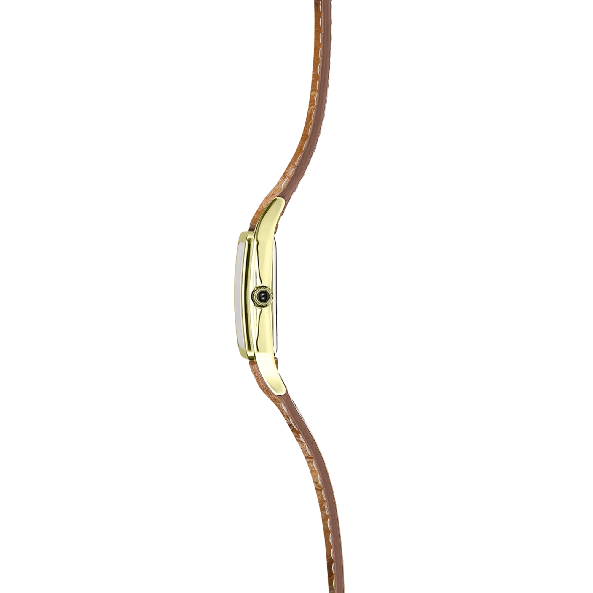 Vue de profil, tranche acier PVD or jaune, couronne et attaches du bracelet cuir