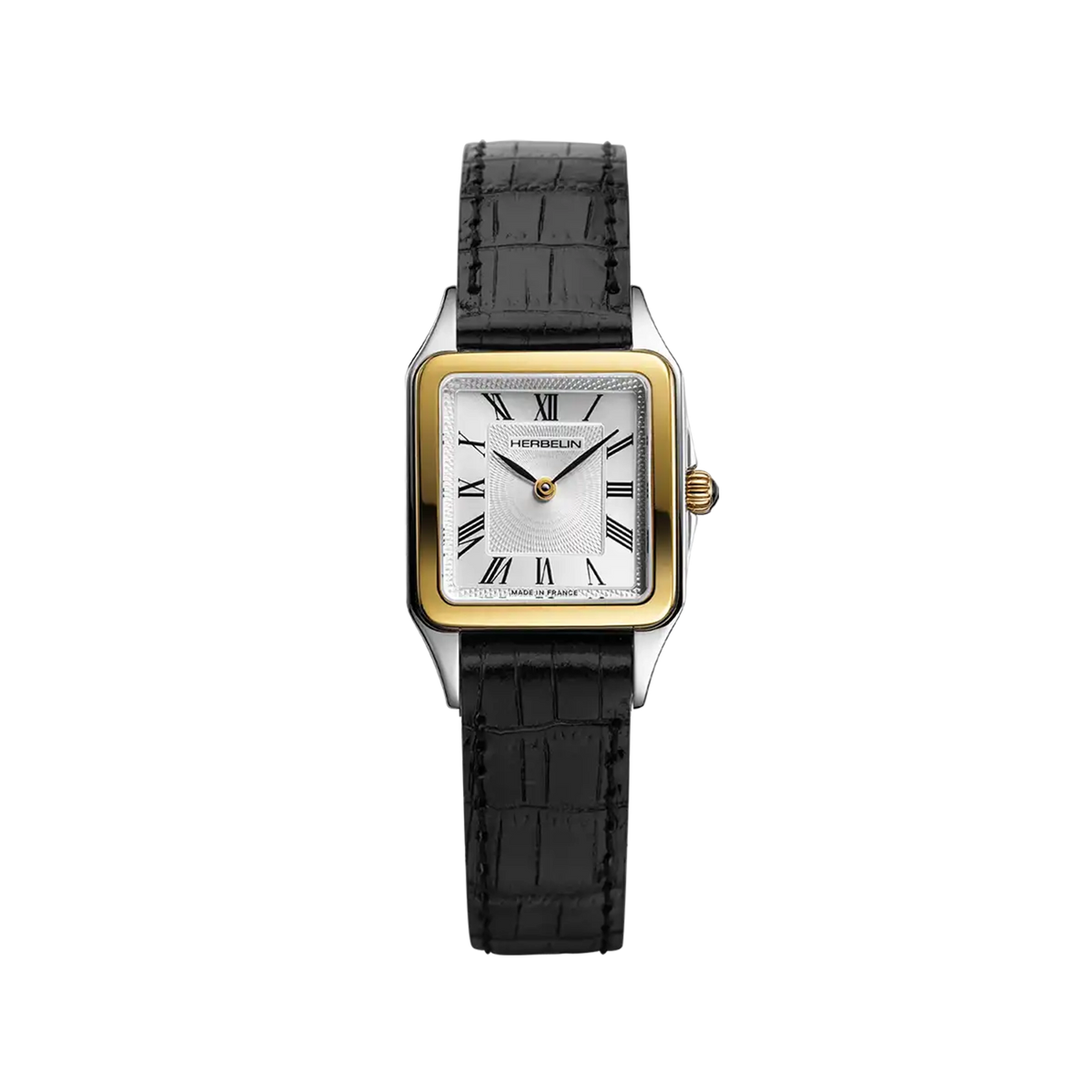 ⁣⁢Luna, Guilloché Silver Dial, Yellow Gold PVD Steel Square Case, Leather Strap⁤⁣