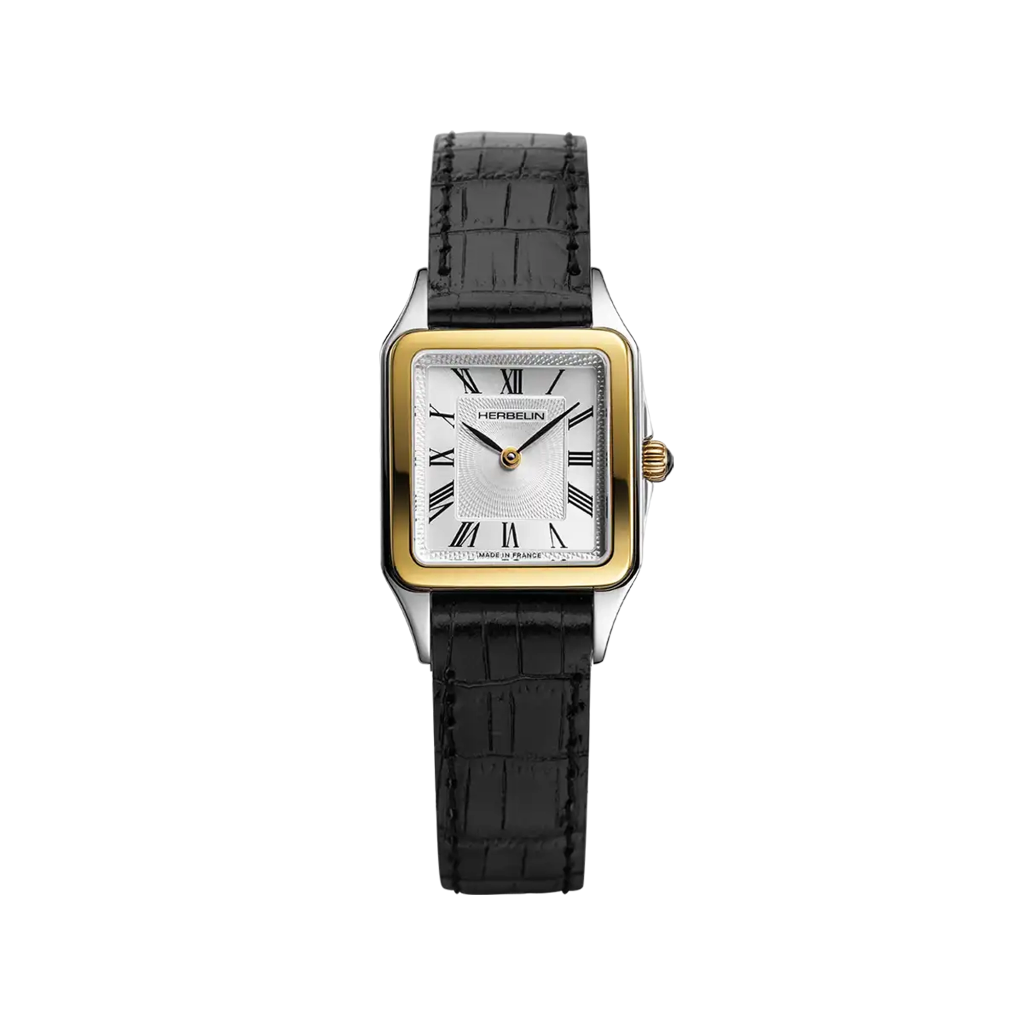 Luna, cadran argent guilloché, boîtier carré acier PVD or jaune, bracelet cuir