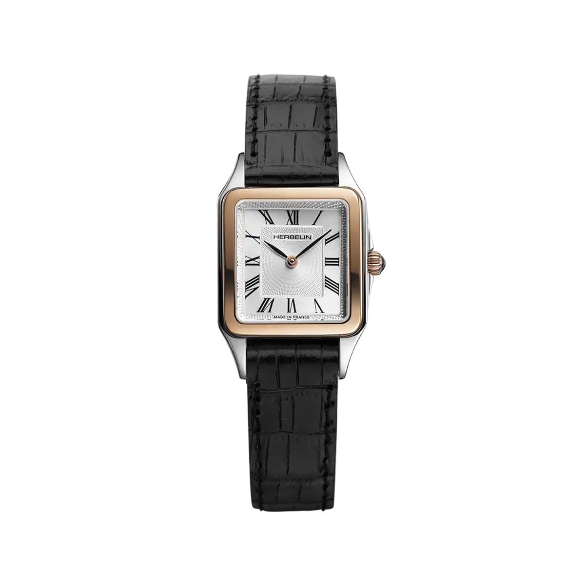 ⁣⁢Luna, silver guilloché dial, rose gold PVD steel square case, leather strap⁤⁣