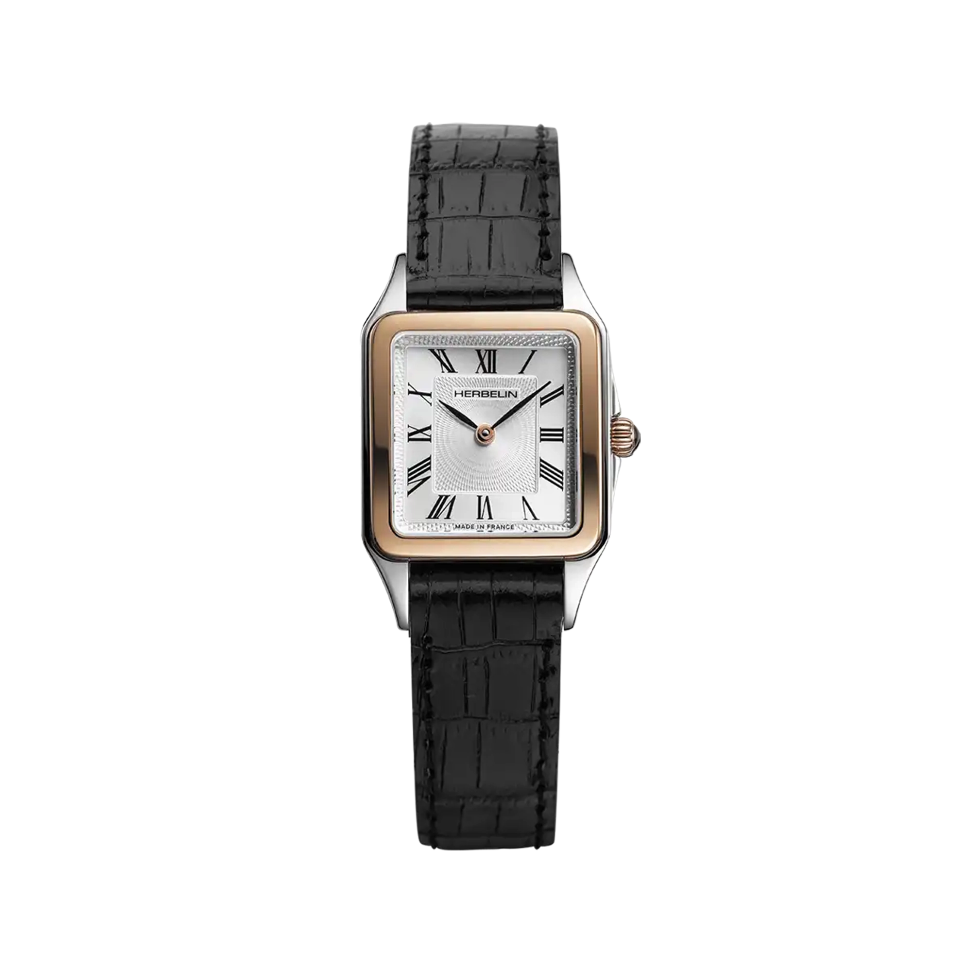 Luna, cadran argent guilloché, boîtier carré acier PVD or rose, bracelet cuir
