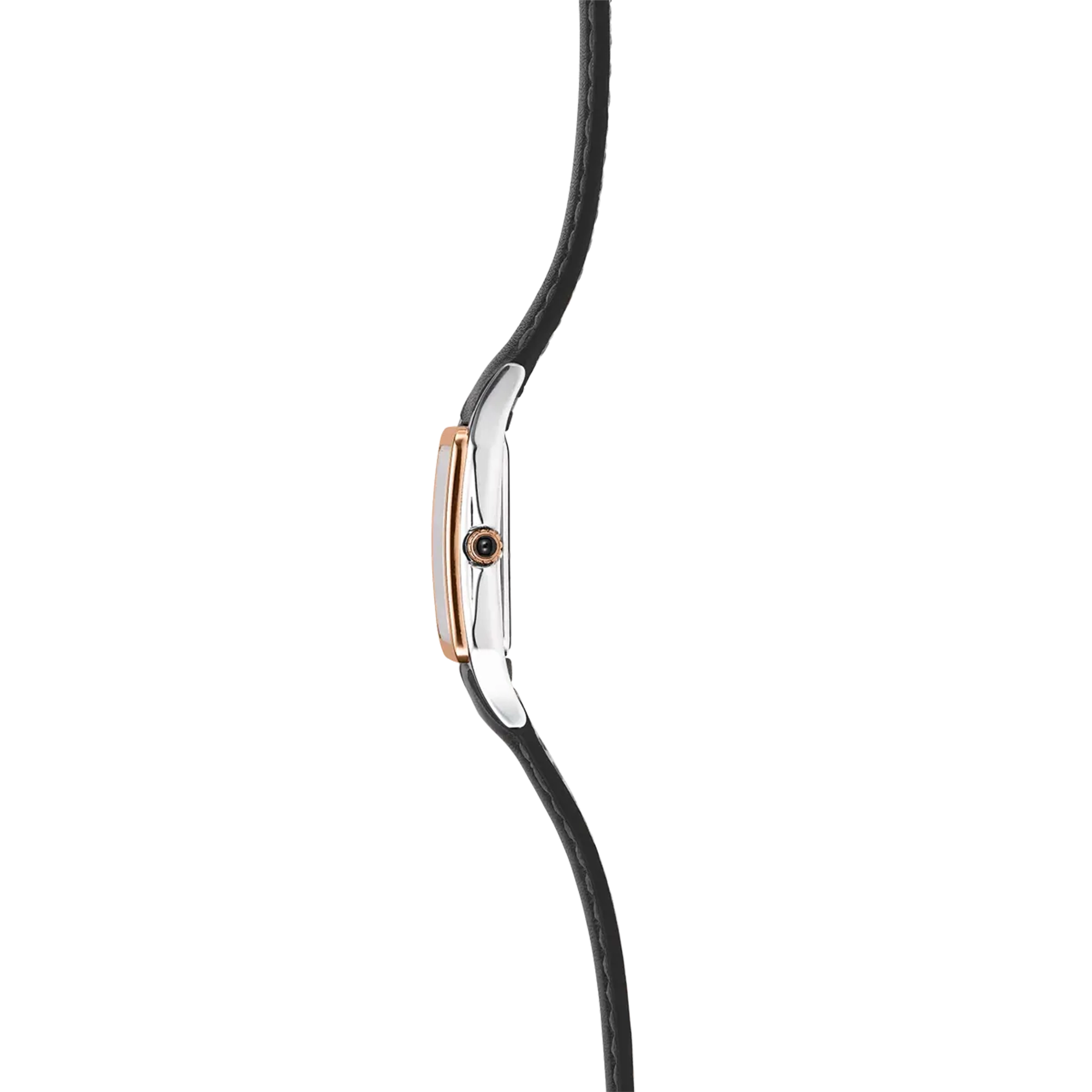 Vue de profil, tranche acier PVD or rose, couronne et attaches du bracelet cuir