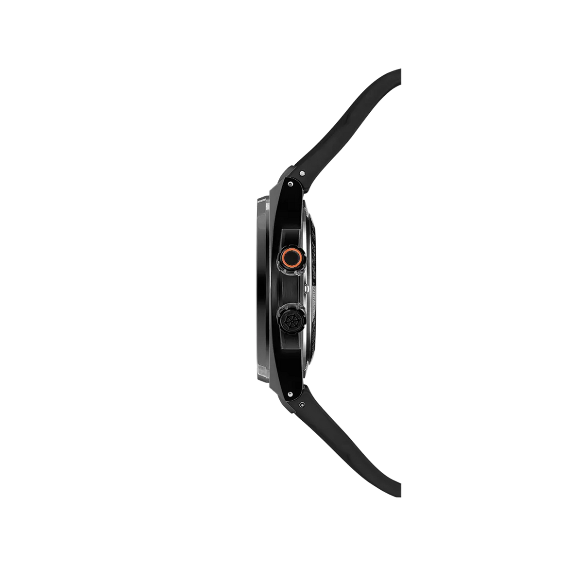 ⁣⁢Vista de perfil, canto de acero, corona y asas del brazalete de caucho⁤⁣