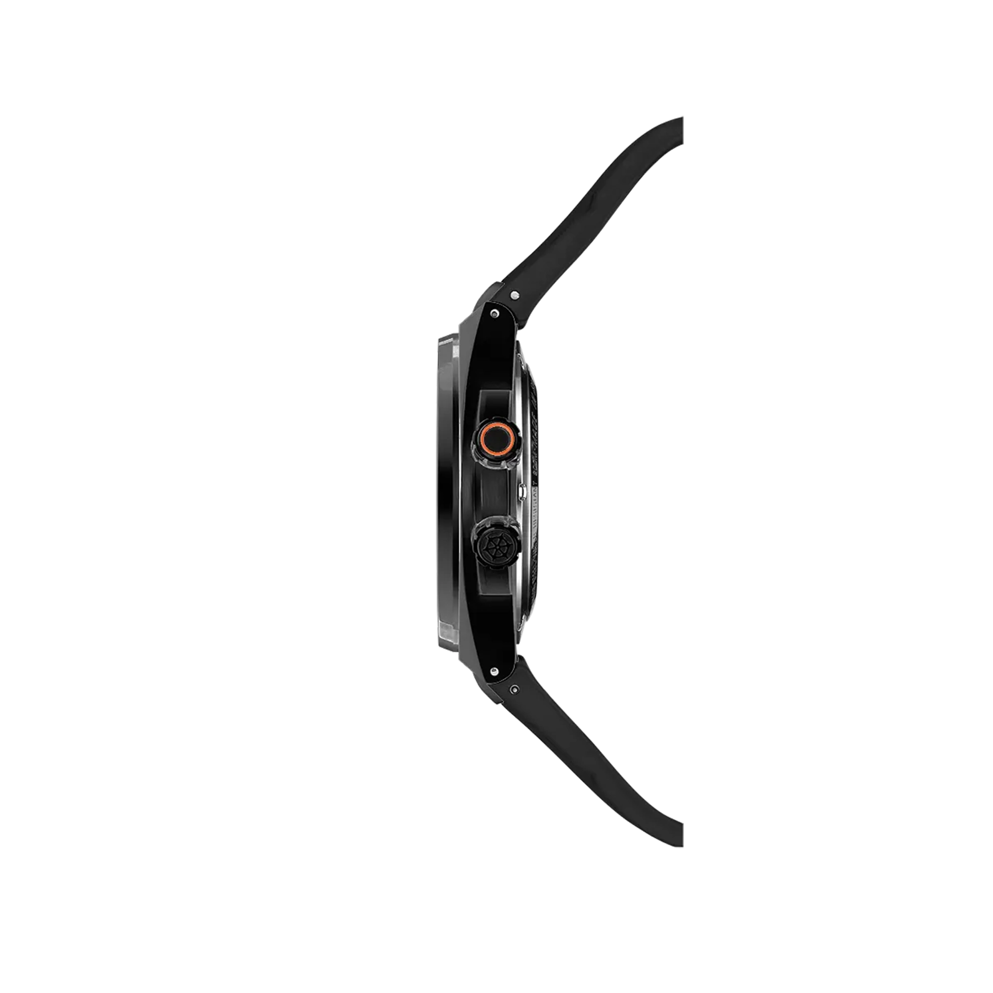 Vue de profil, tranche acier, couronne et attaches du bracelet caoutchouc