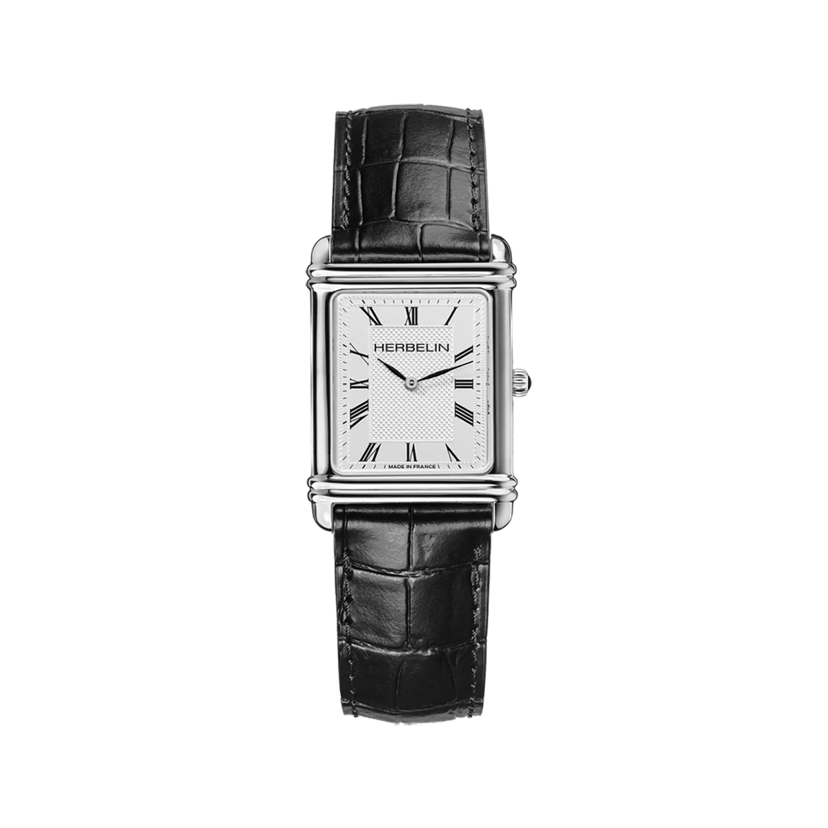⁣⁢Art Déco, silver guilloché dial, steel rectangular case, leather strap⁤⁣