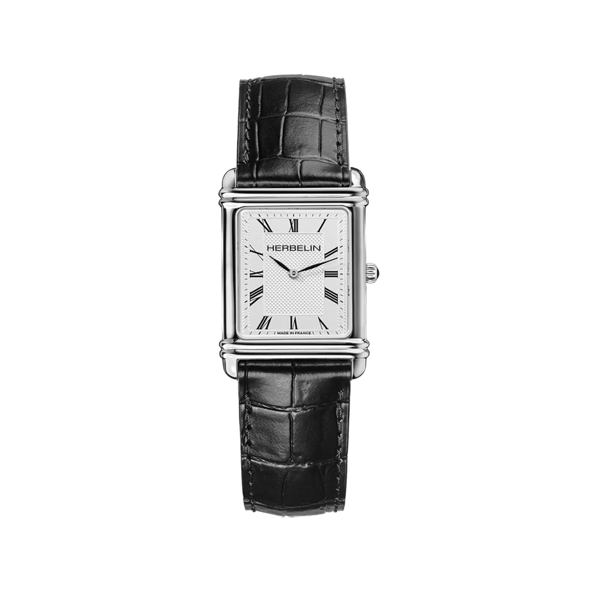 Art Déco, cadran argent guilloché, boîtier rectangle acier, bracelet cuir