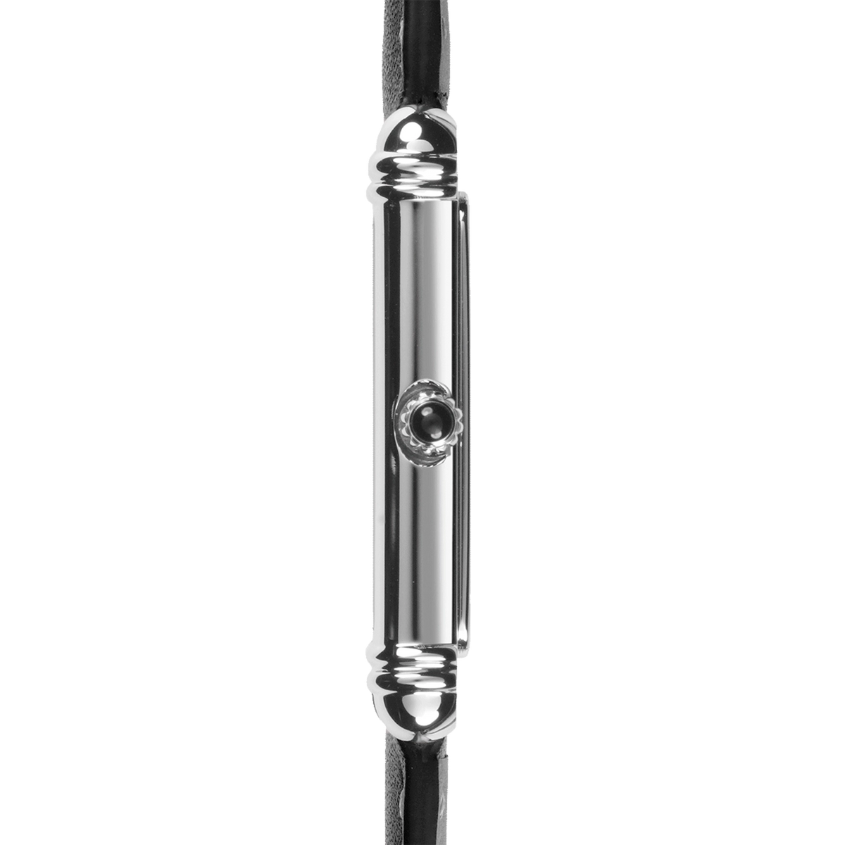 ⁣⁢Profile view, steel case edge, crown, and leather strap attachments⁤⁣