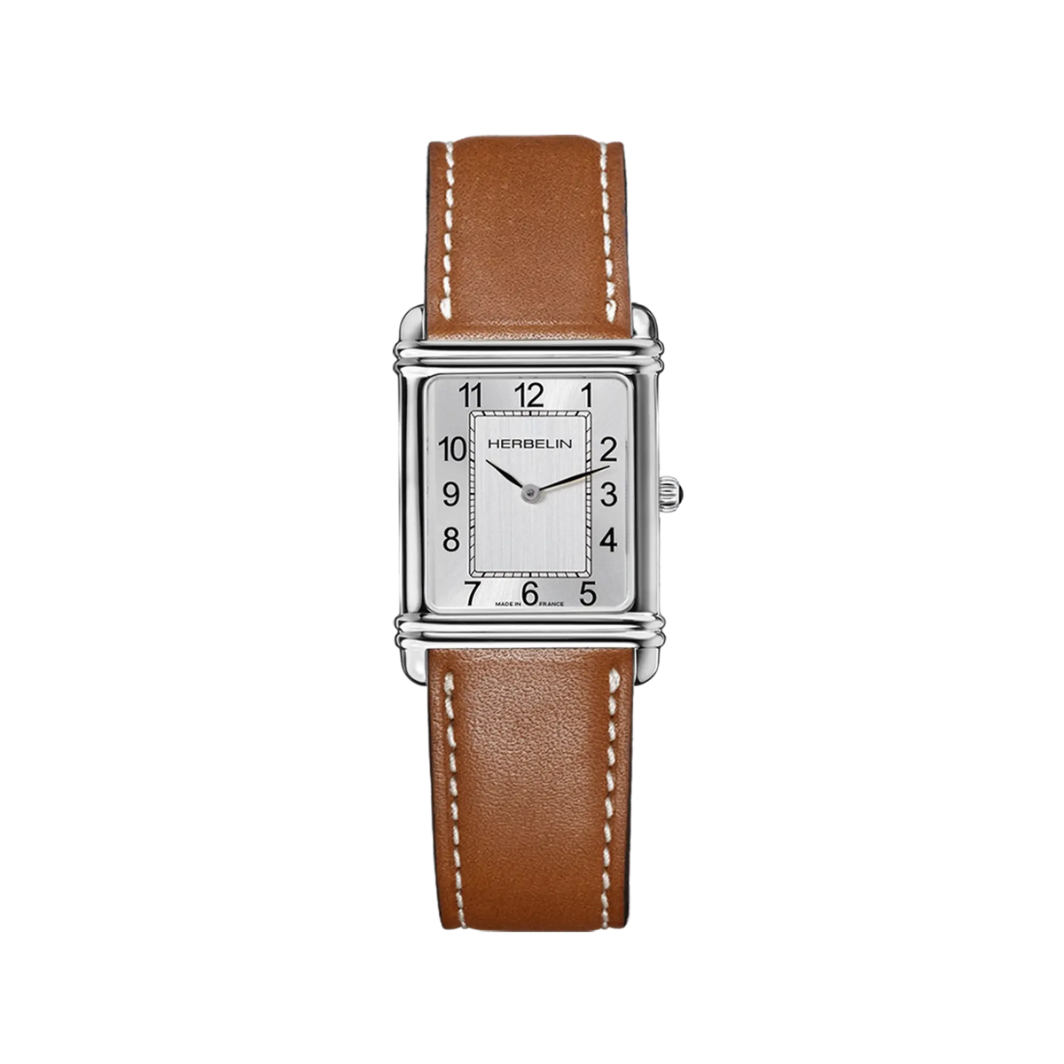 ⁣⁢Art Déco, vertically brushed silver dial, steel rectangular case, leather strap⁤⁣