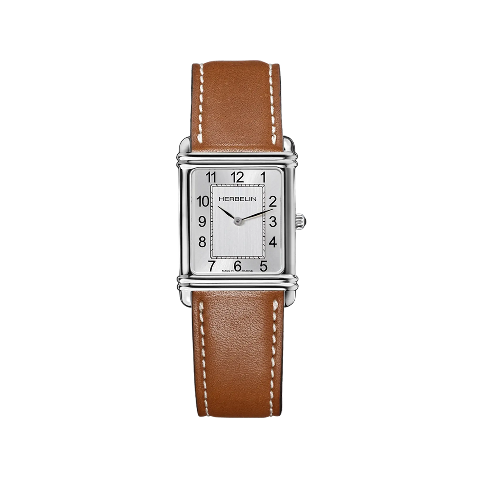 Art Déco, cadran argent brossé vertical, boîtier rectangle acier, bracelet cuir
