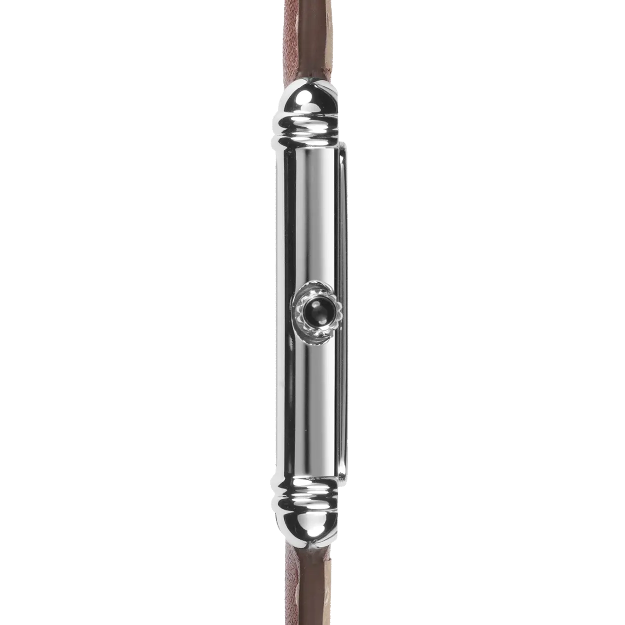 Vue de profil, tranche acier, couronne et attaches du bracelet cuir