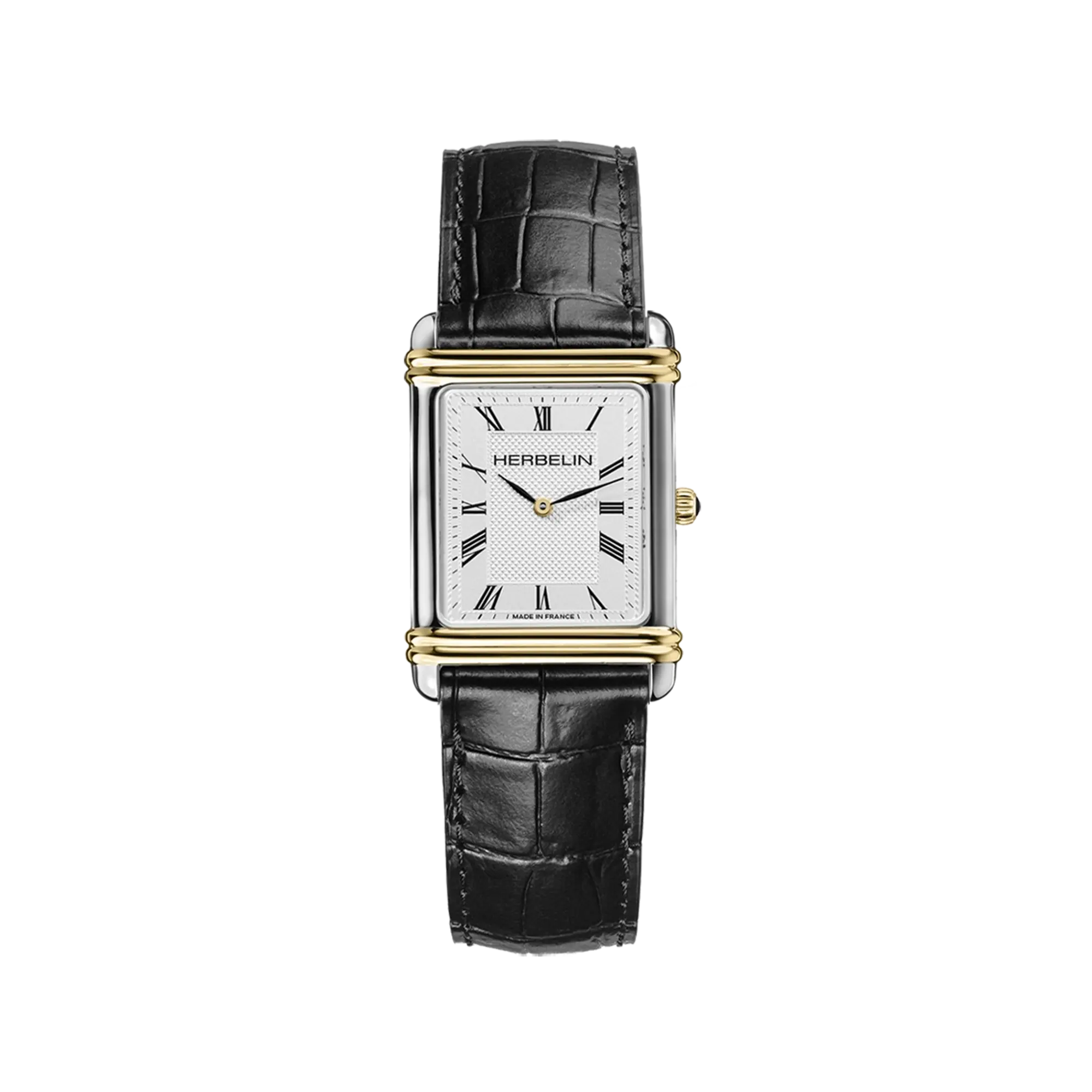 Art Déco, cadran argent guilloché, boîtier rectangle acier PVD or jaune, bracelet cuir