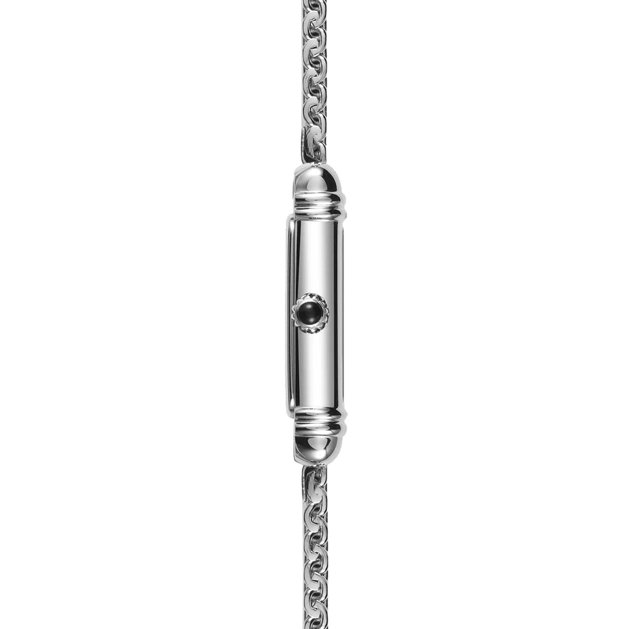 Vue de profil, tranche acier, couronne et attaches du bracelet acier