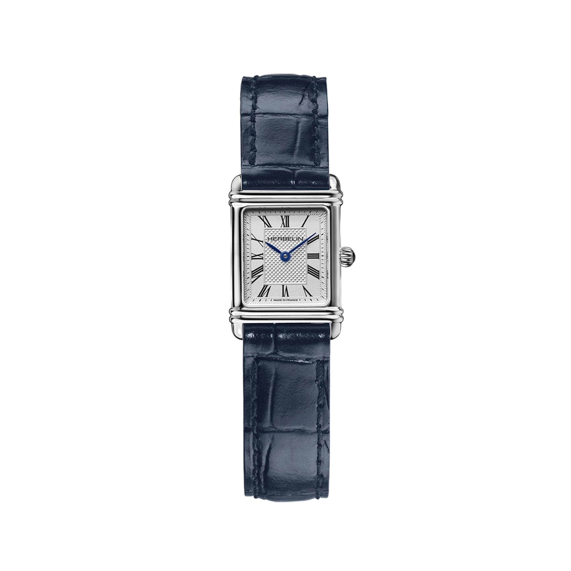 Art Déco, cadran argent guilloché, boîtier rectangle acier, bracelet cuir
