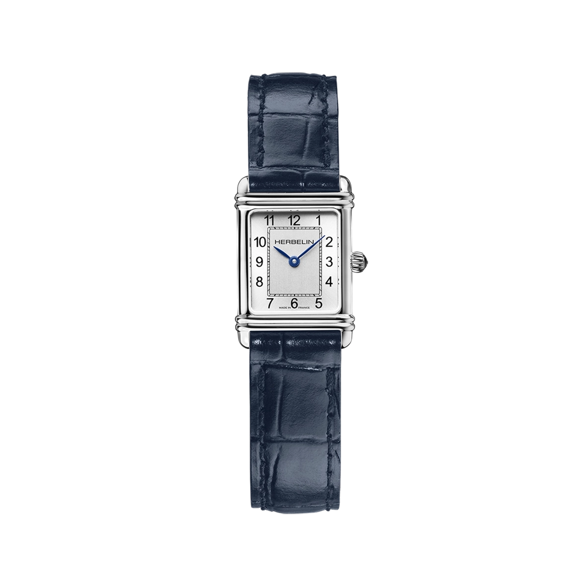 Art Déco, cadran argent guilloché, boîtier rectangle acier, bracelet cuir