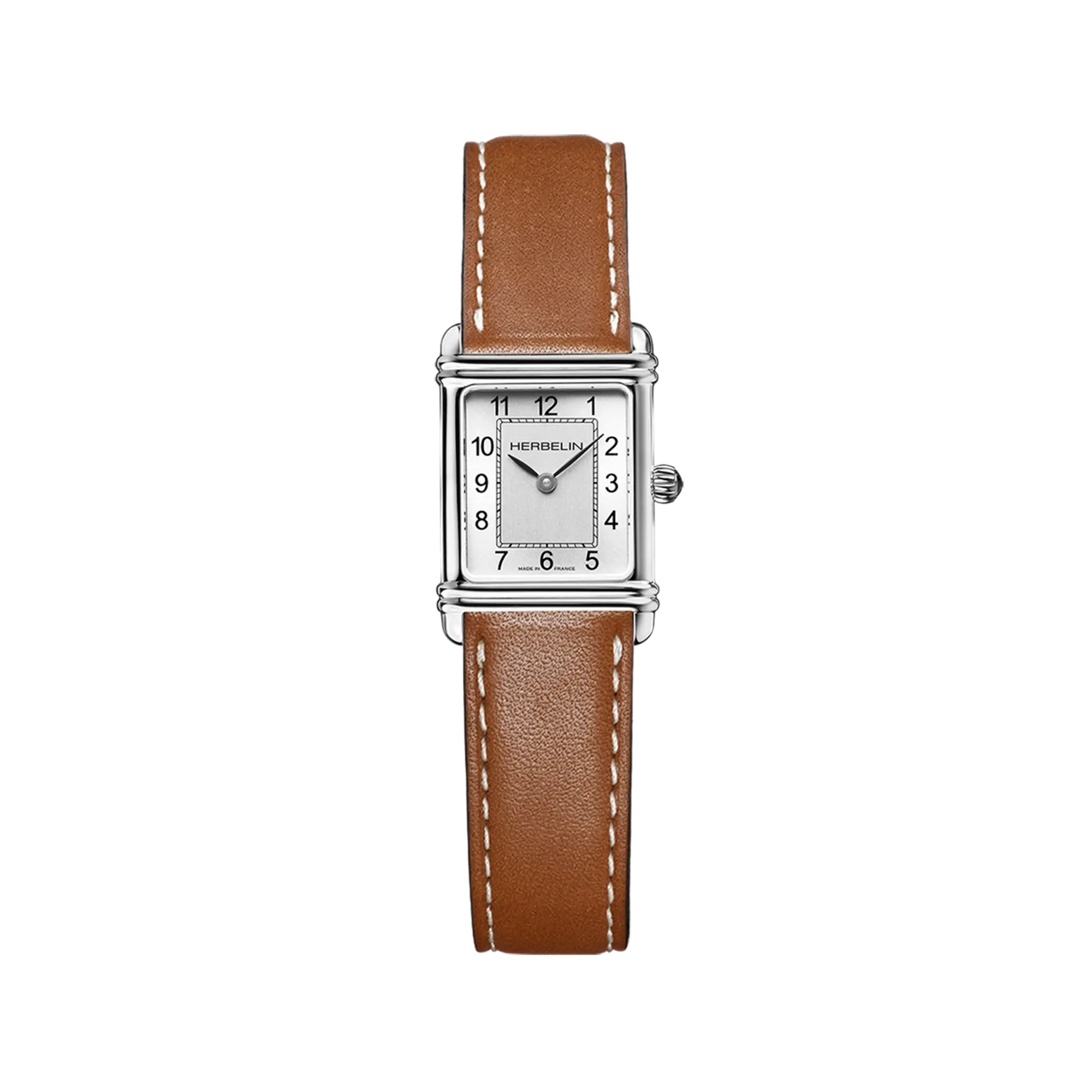Art Déco, cadran argent brossé vertical, boîtier rectangle acier, bracelet cuir