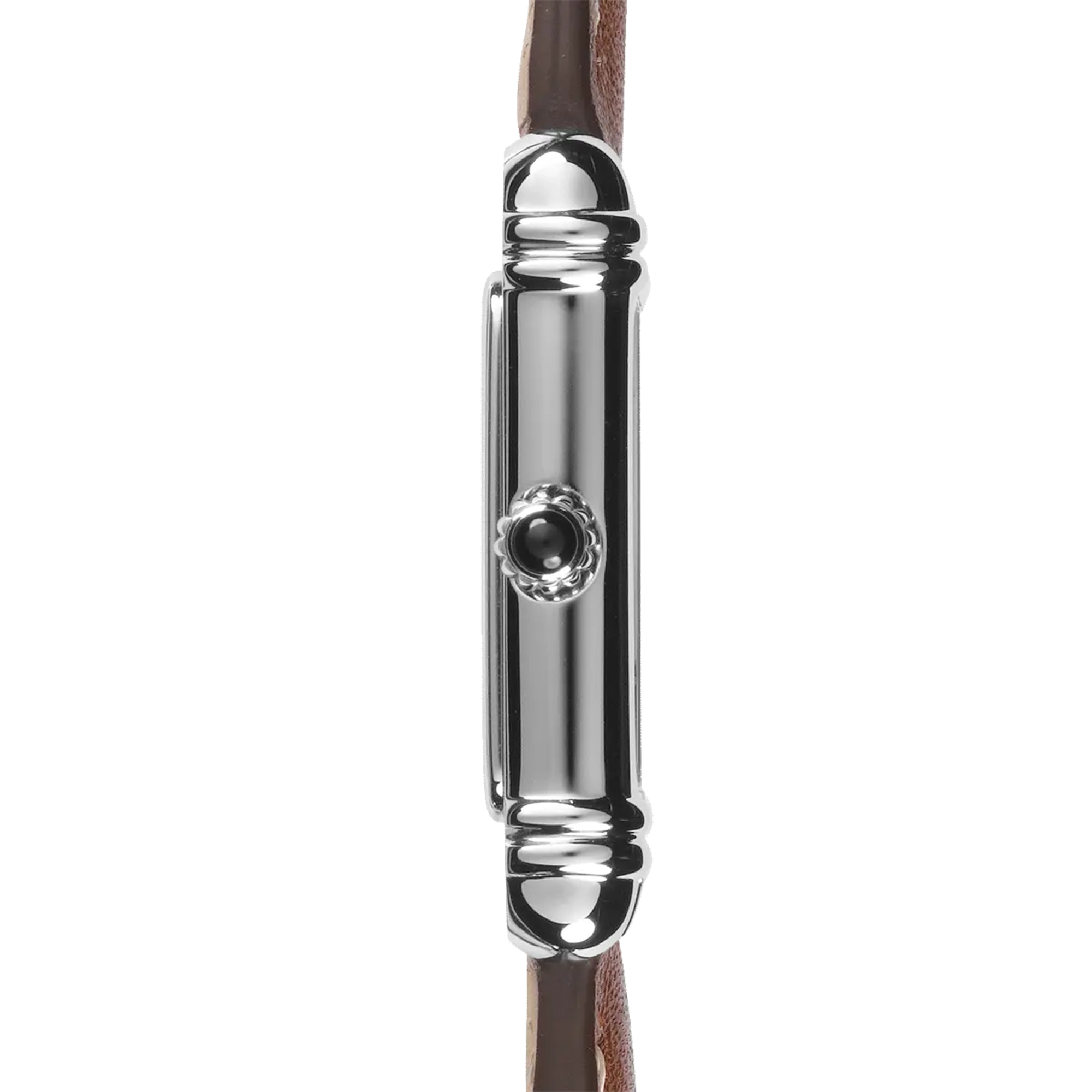 Vue de profil, tranche acier, couronne et attaches du bracelet cuir