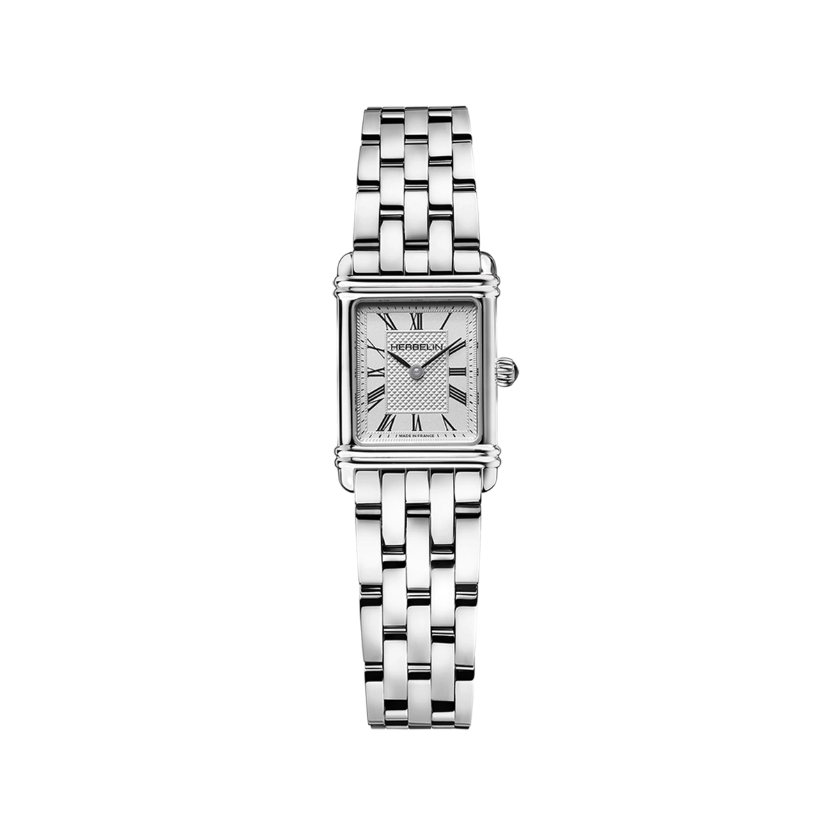 ⁣⁢Art Déco, silver guilloché dial, steel rectangle case, steel bracelet⁤⁣