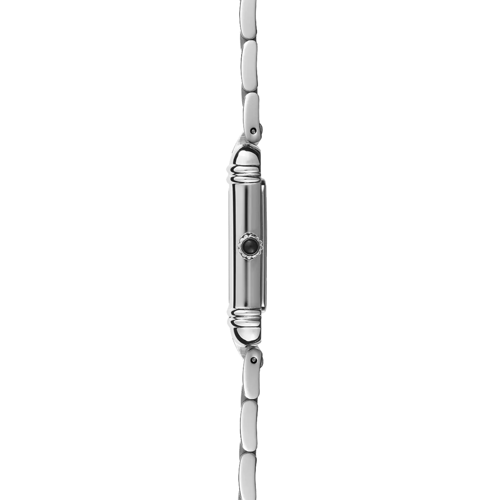 Vue de profil, tranche acier, couronne et attaches du bracelet acier