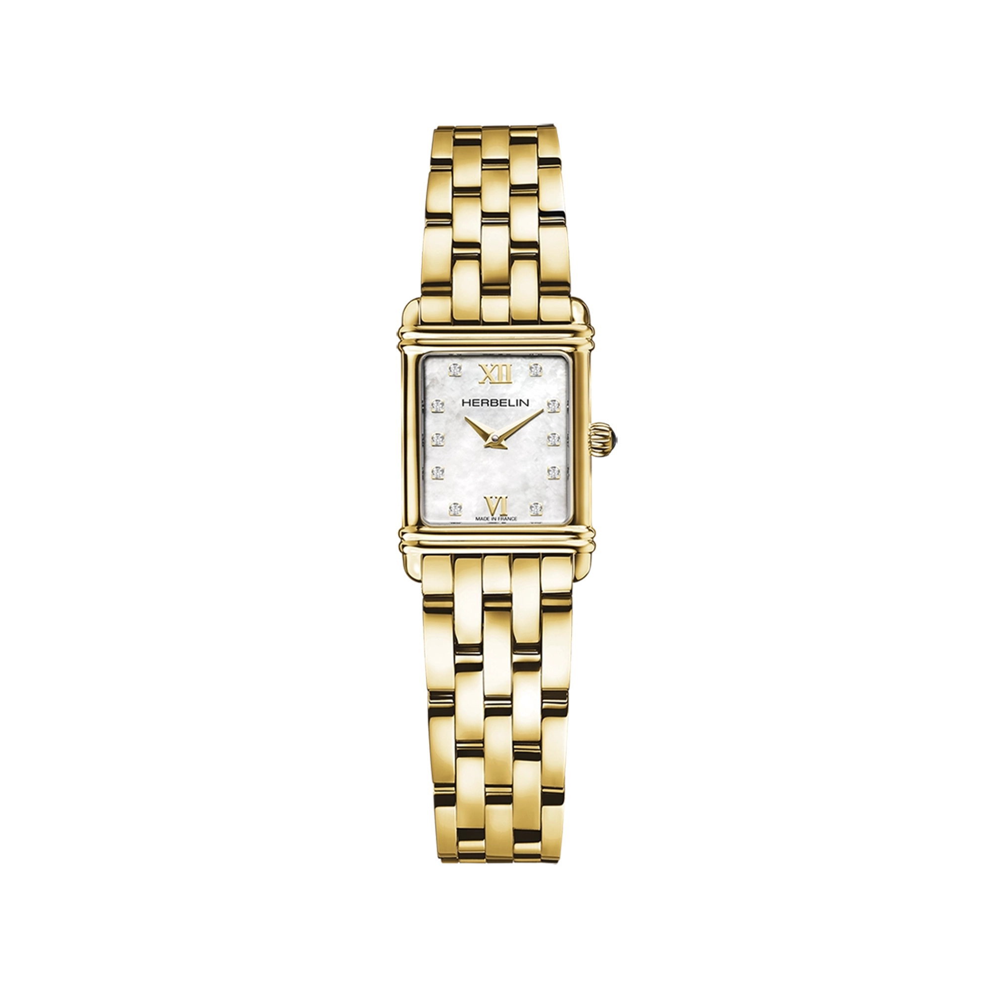 Art Déco, cadran nacre blanche, boîtier rectangle acier PVD or jaune, bracelet acier bicolore