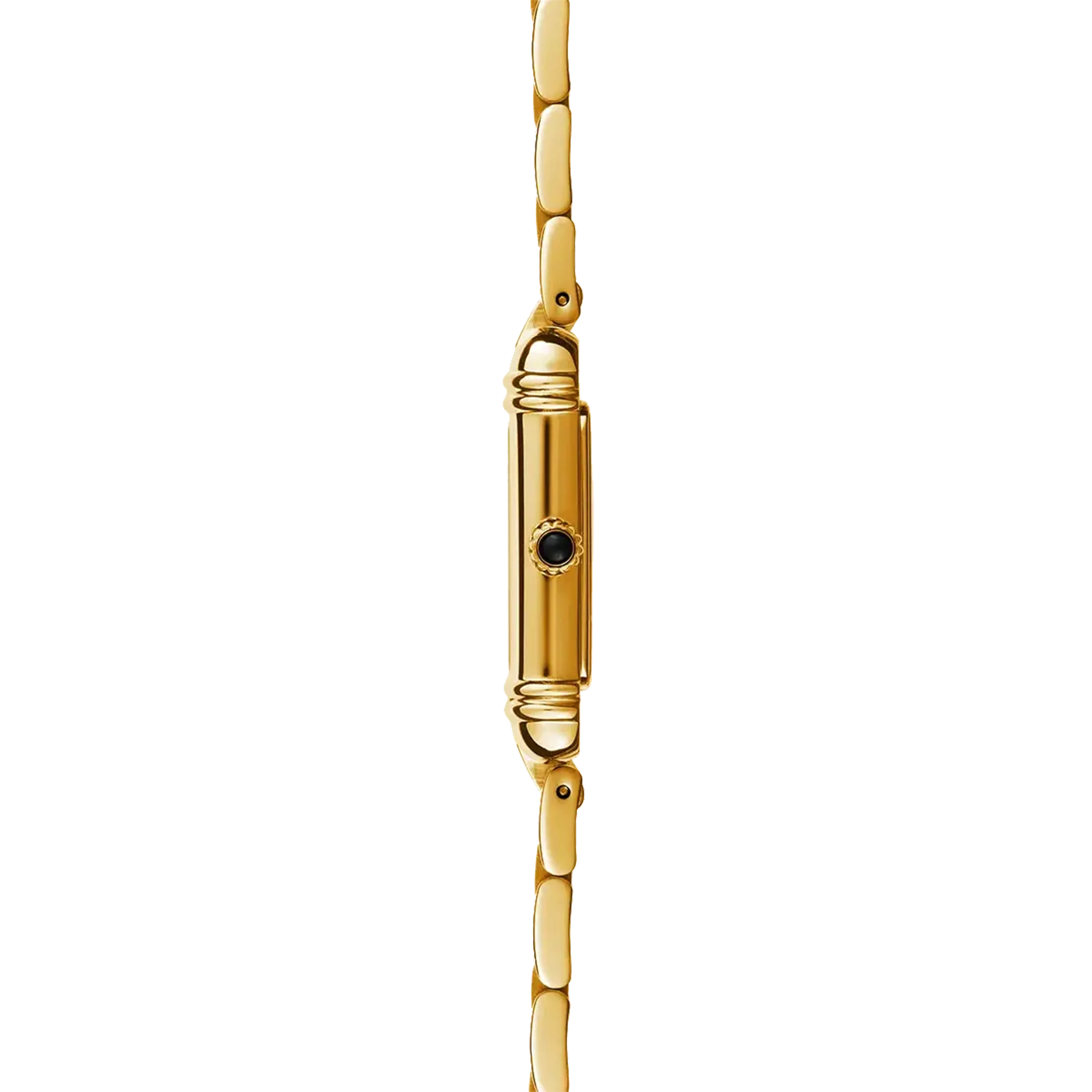 Vue de profil, tranche acier PVD or jaune, couronne et attaches du bracelet acier bicolore