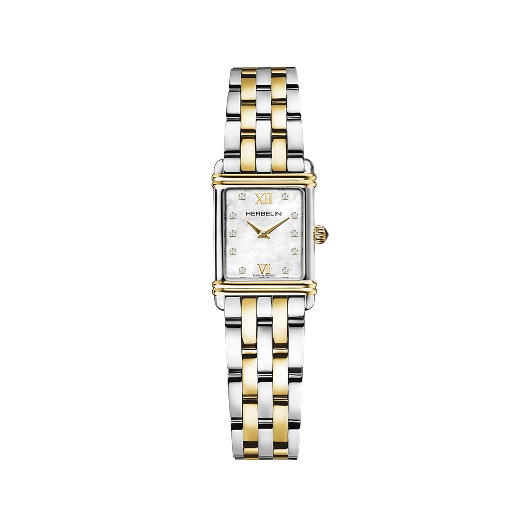 Art Déco, cadran nacre blanche, boîtier rectangle acier PVD or jaune, bracelet acier bicolore