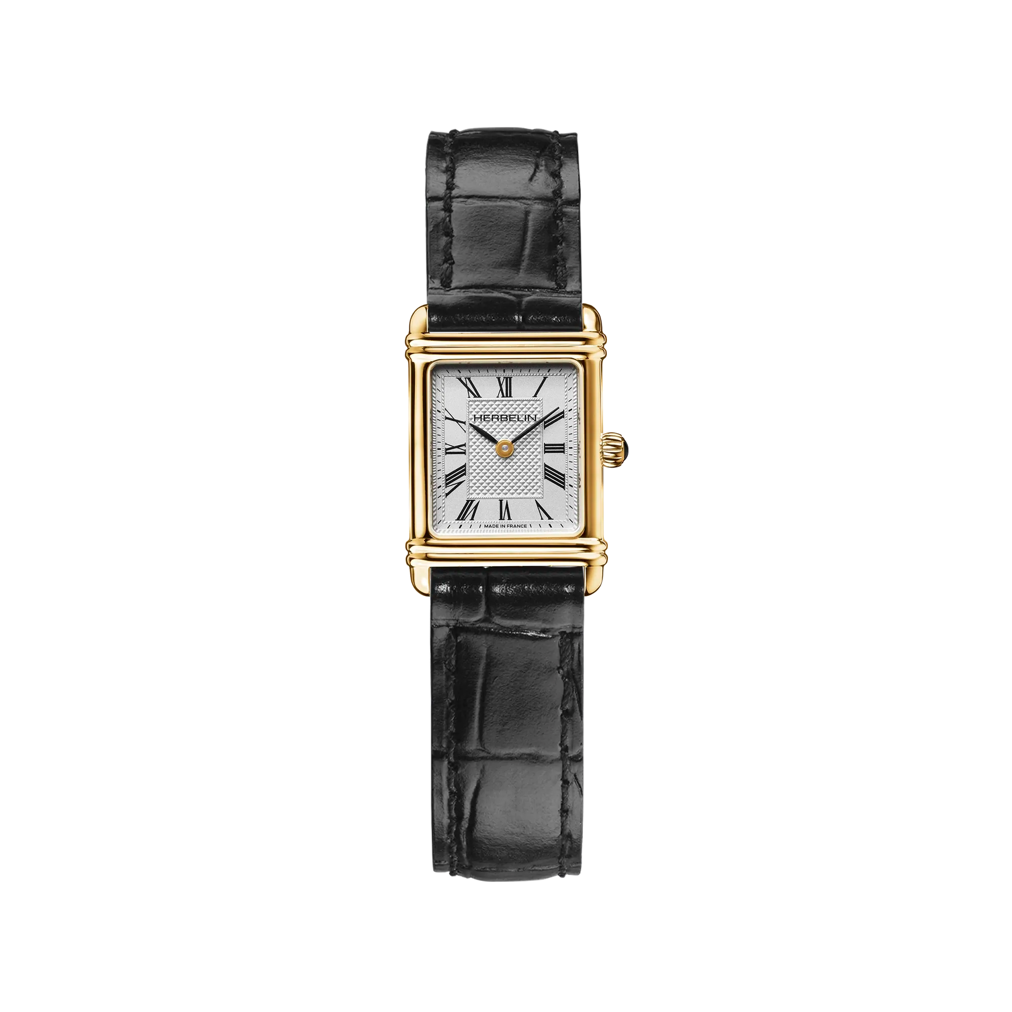 Art Déco, cadran argent guilloché et chiffres romains, boîtier rectangulaire bicolore acier et PVD or jaune, bracelet cuir noir