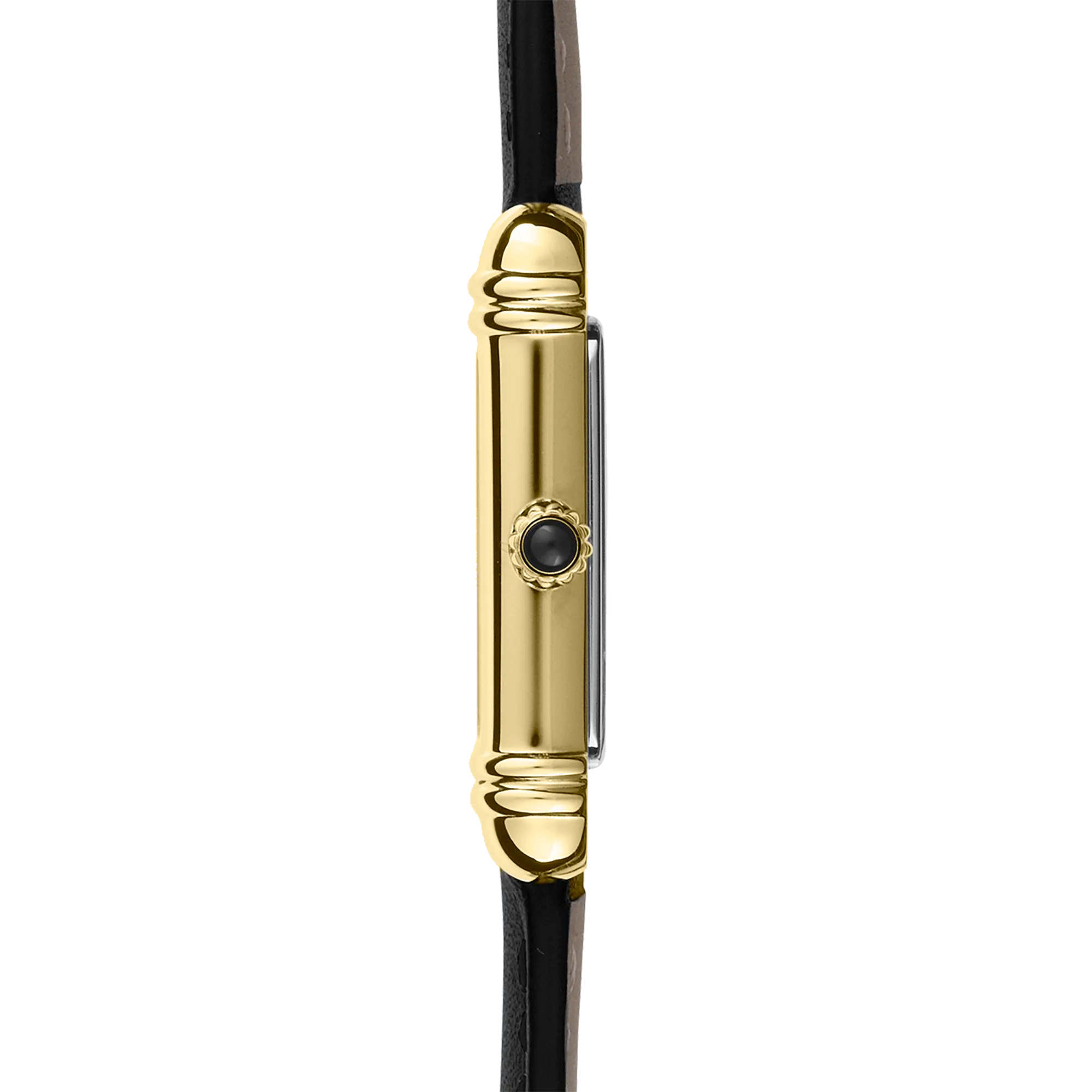 Vue de profil, tranche acier et PVD or jaune, couronne et attaches du bracelet cuir