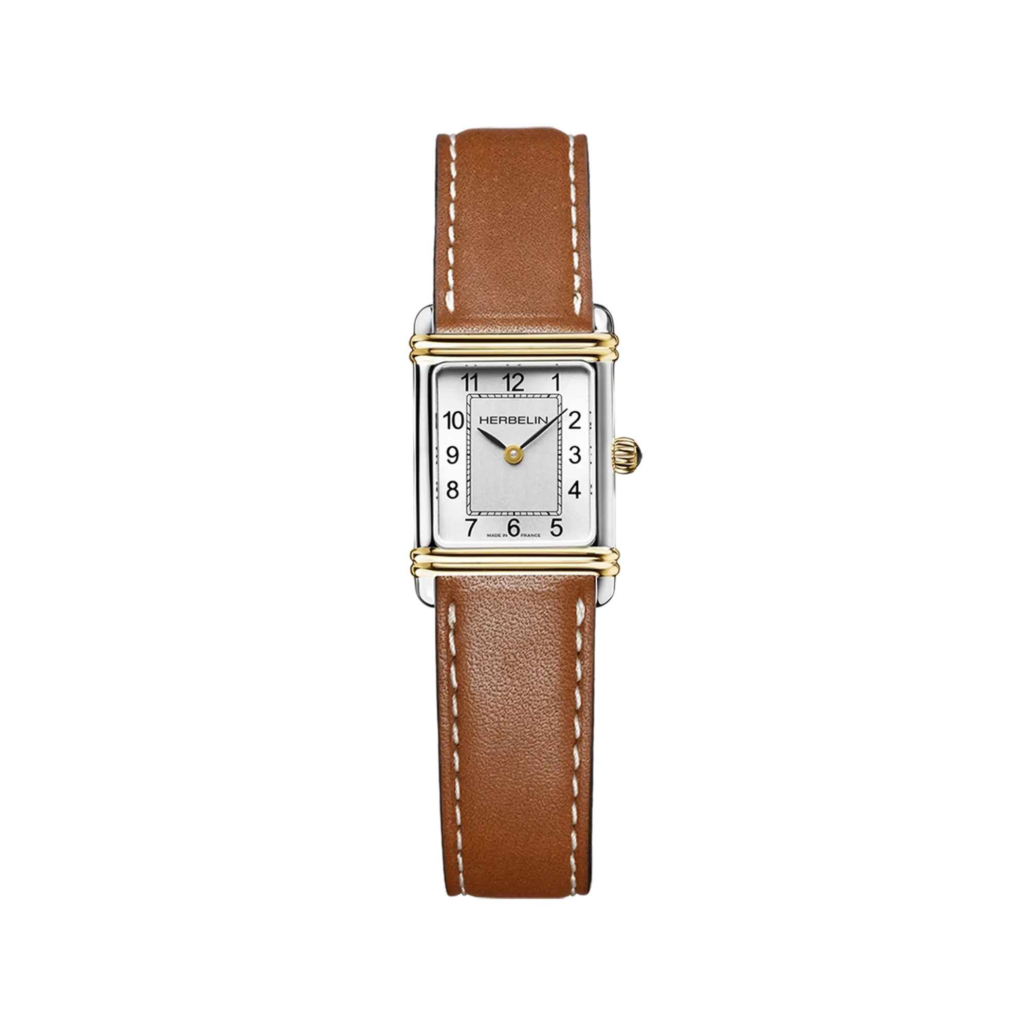 Art Déco, cadran argent brossé vertical, boîtier rectangle acier PVD or jaune, bracelet cuir