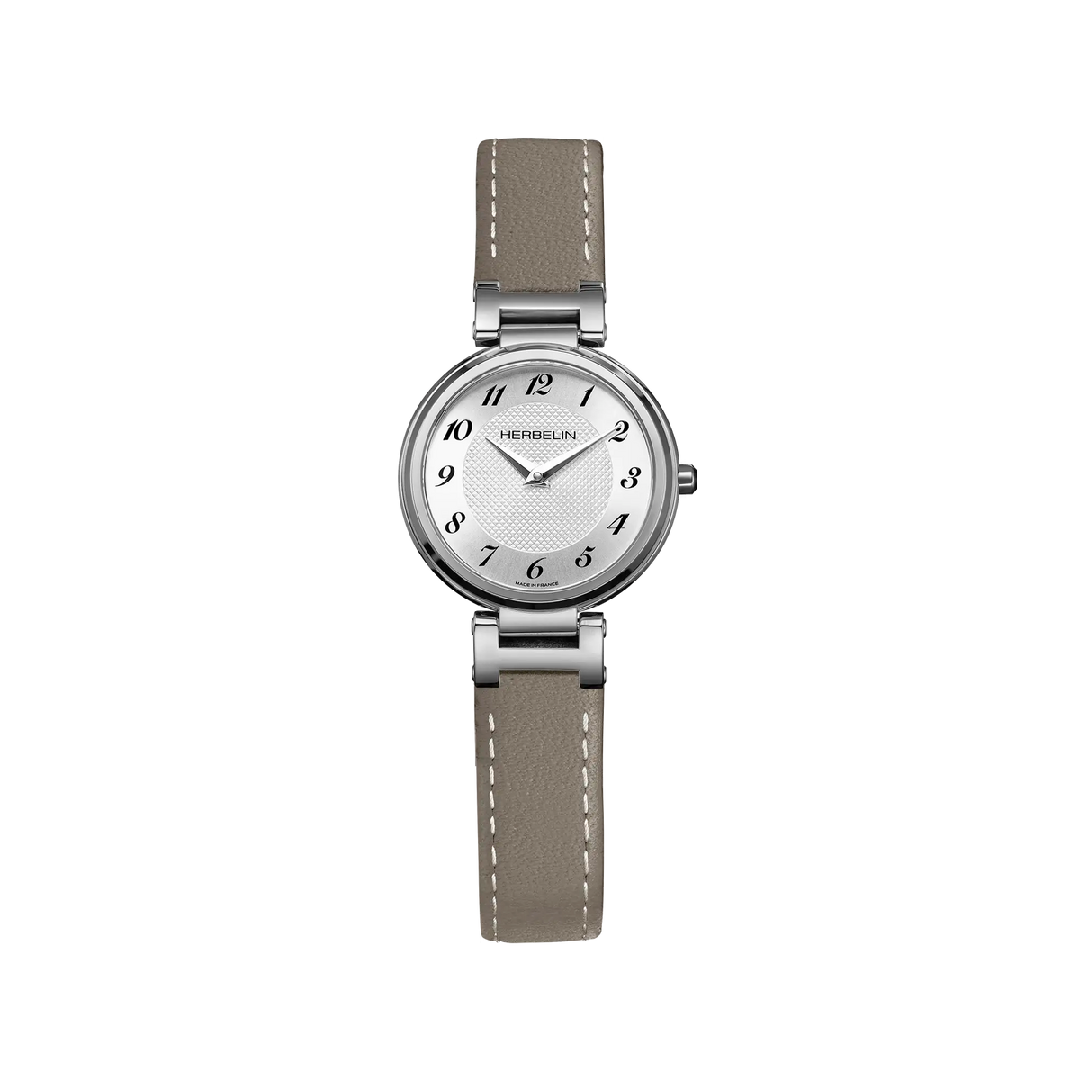 ⁣⁢Lady H, mostrador em prata branca guilloché, caixa redonda em aço, bracelete de pele⁤⁣