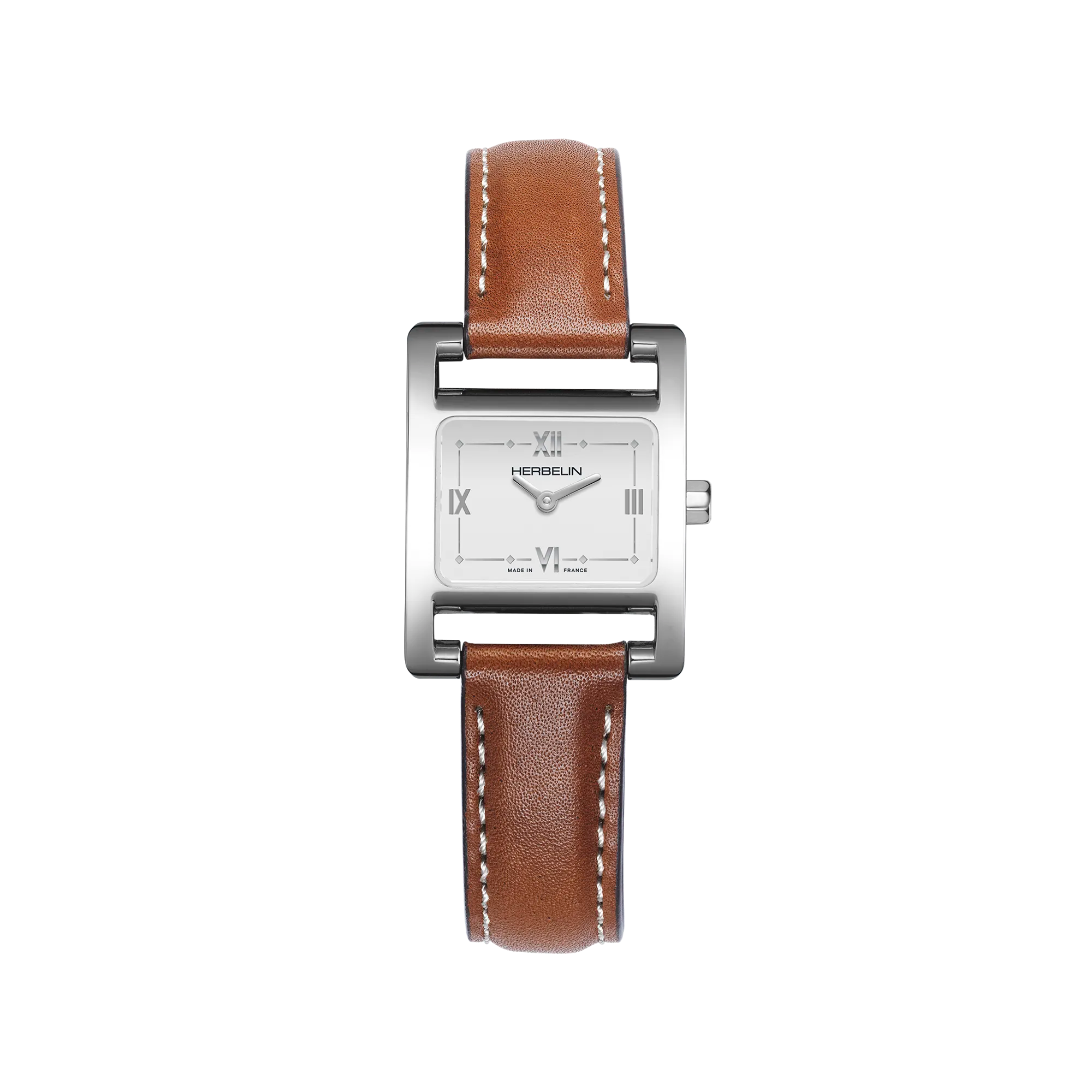 Ve Avenue, cadran blanc laqué, boîtier rectangle acier, bracelet cuir