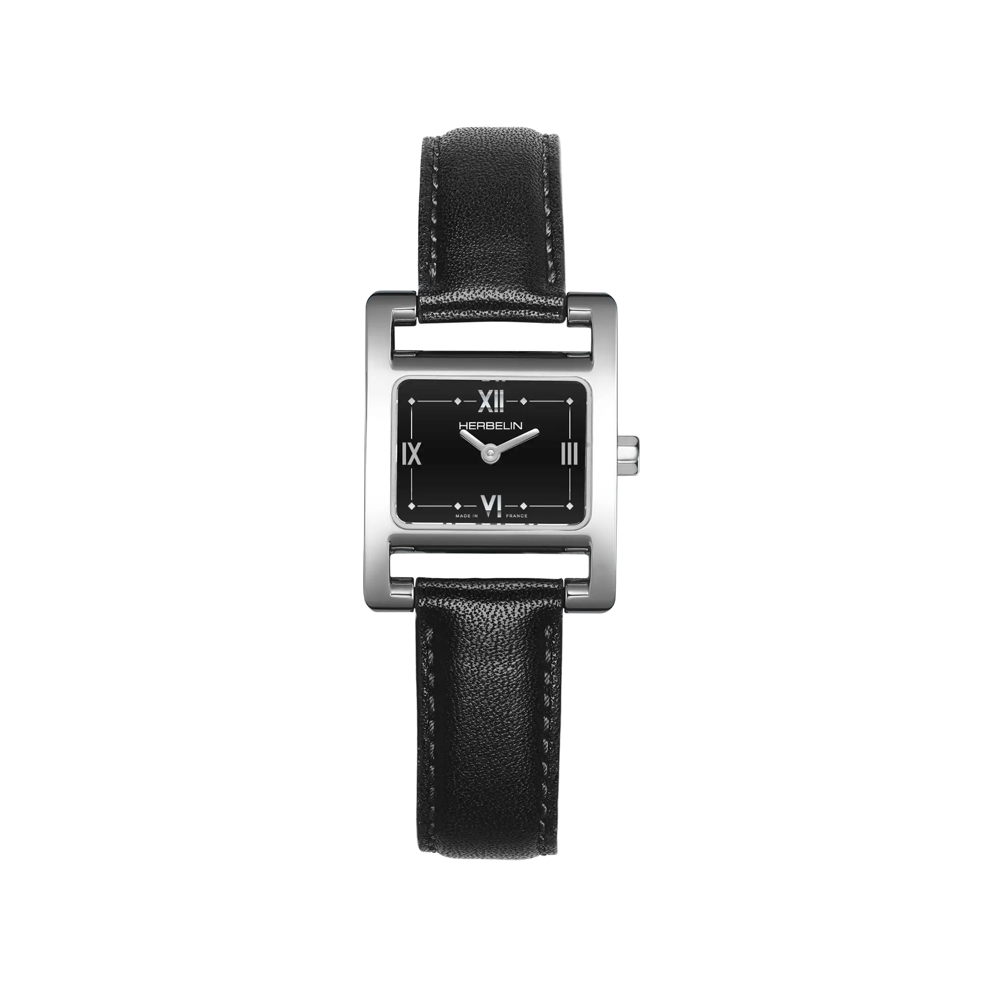 Ve Avenue, cadran laqué noir, boîtier rectangle acier, bracelet cuir