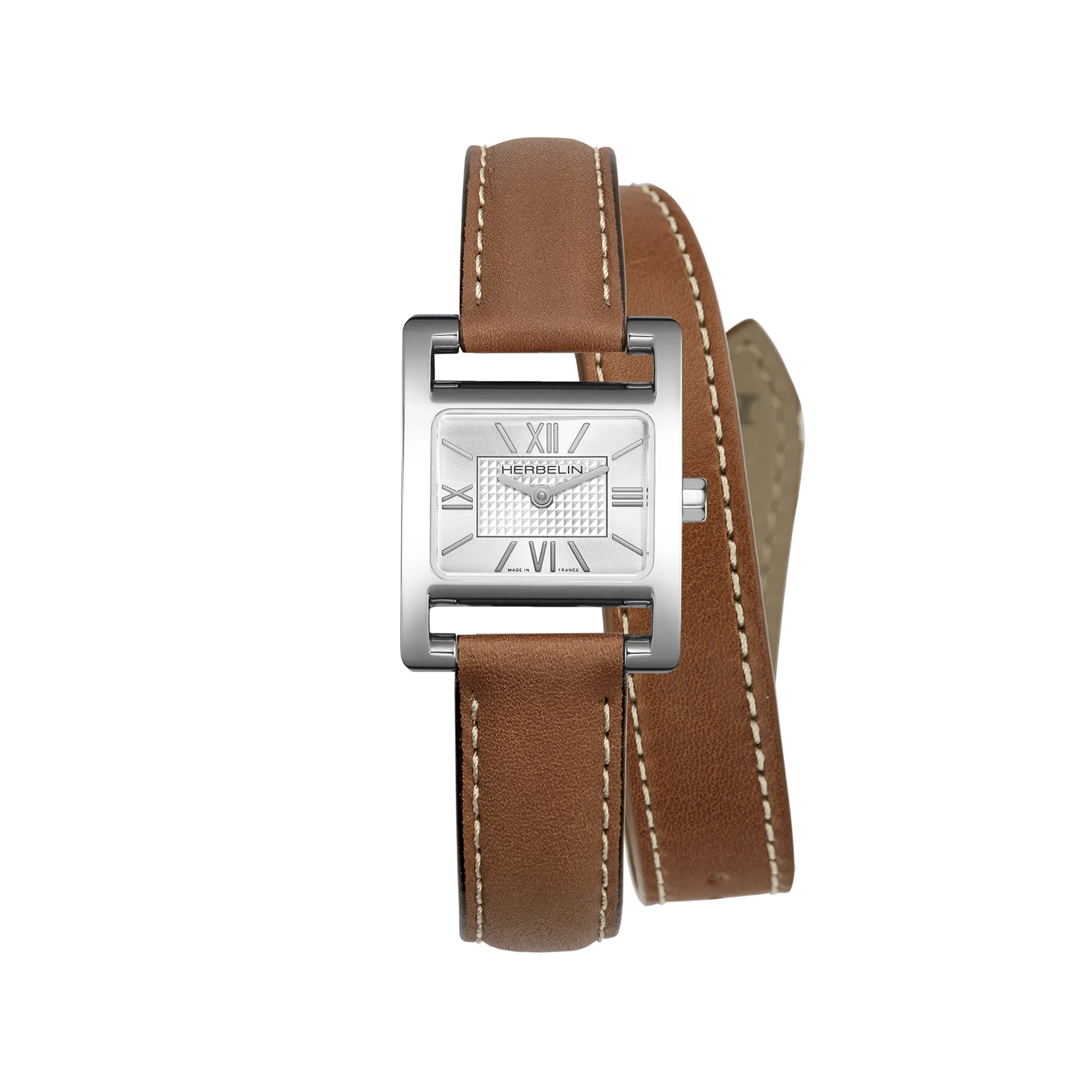 Ve Avenue, cadran argent guilloché, boîtier rectangle acier, bracelet cuir