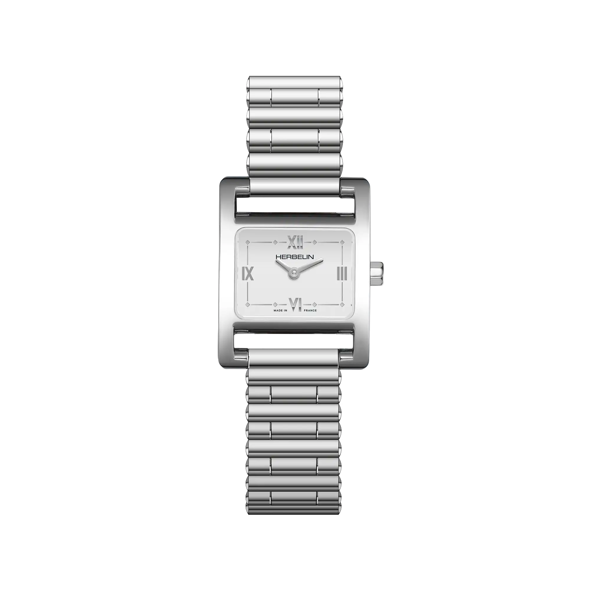 Ve Avenue, cadran blanc laqué, boîtier rectangle acier, bracelet acier
