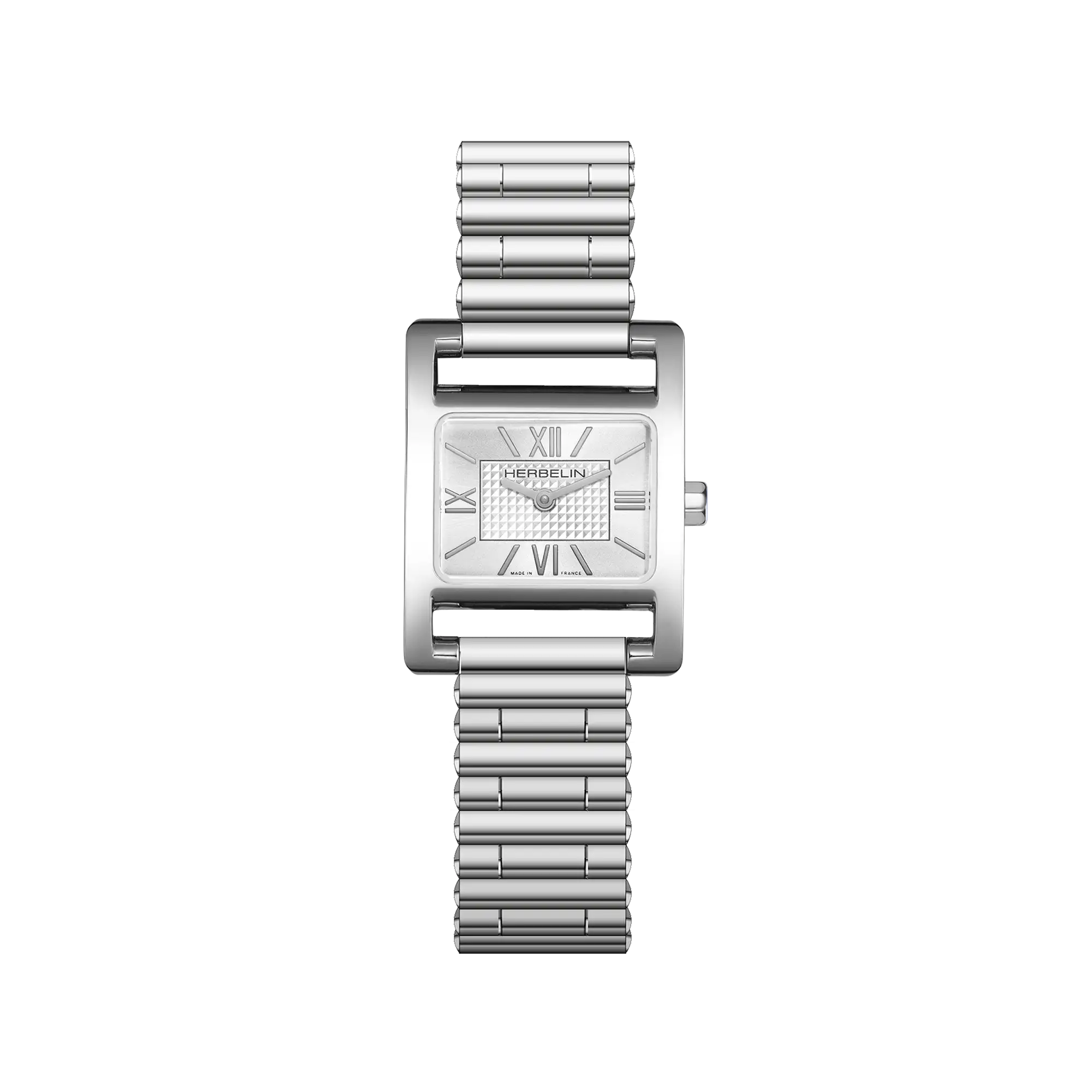 Ve Avenue, cadran argent guilloché, boîtier rectangle acier, bracelet acier