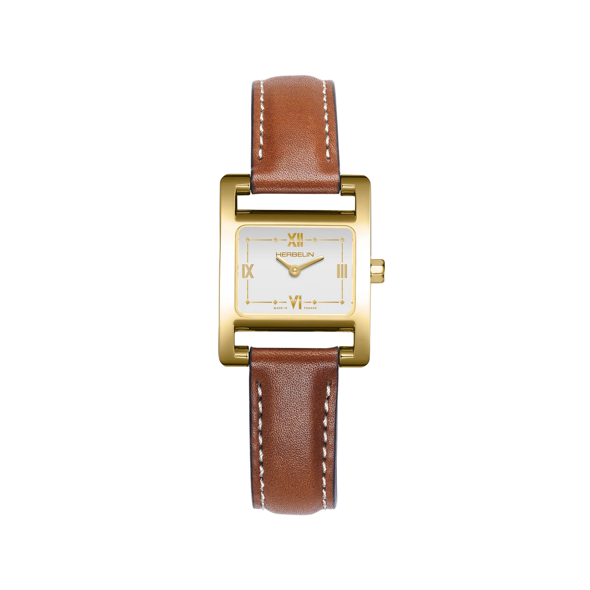⁣⁢Ve Avenue, quadrante bianco laccato, cassa rettangolare in acciaio PVD oro giallo, cinturino in pelle⁤⁣