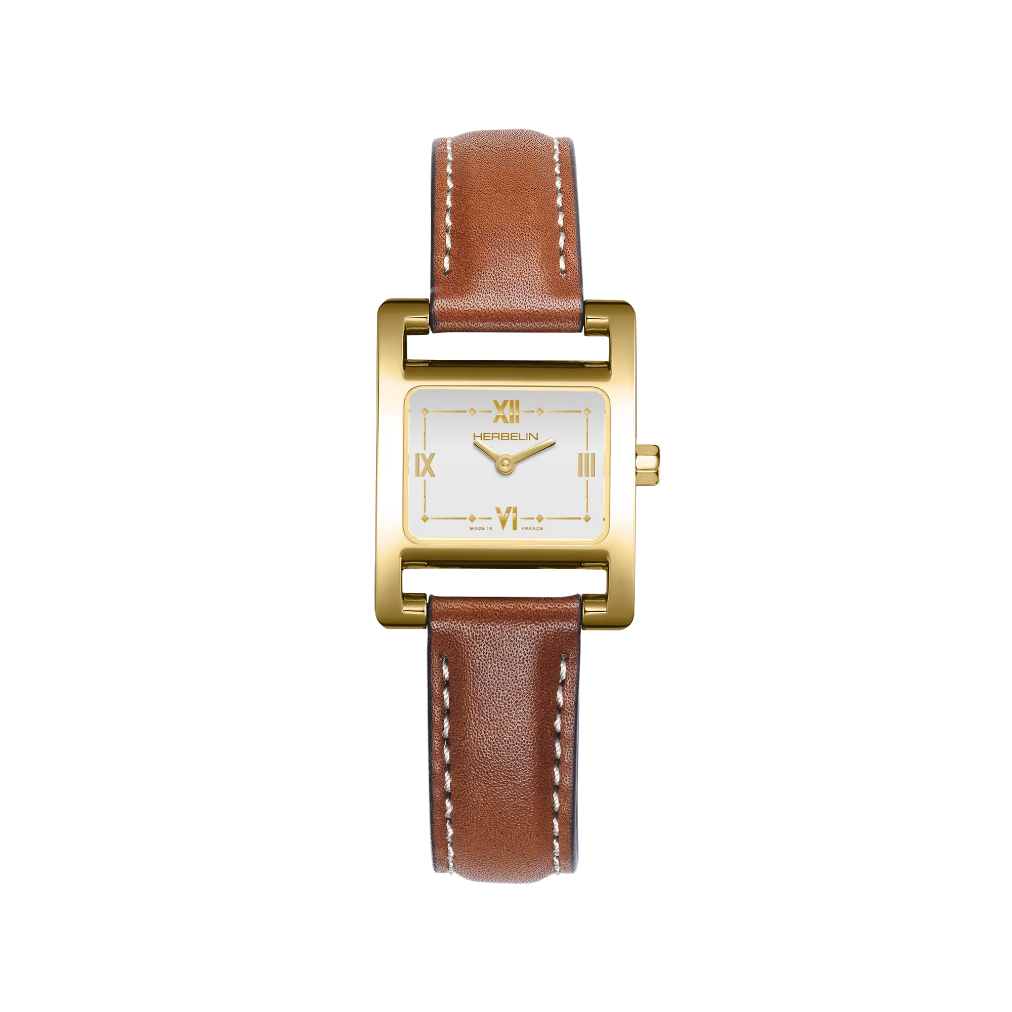 Ve Avenue, cadran blanc laqué, boîtier rectangle acier PVD or jaune, bracelet cuir