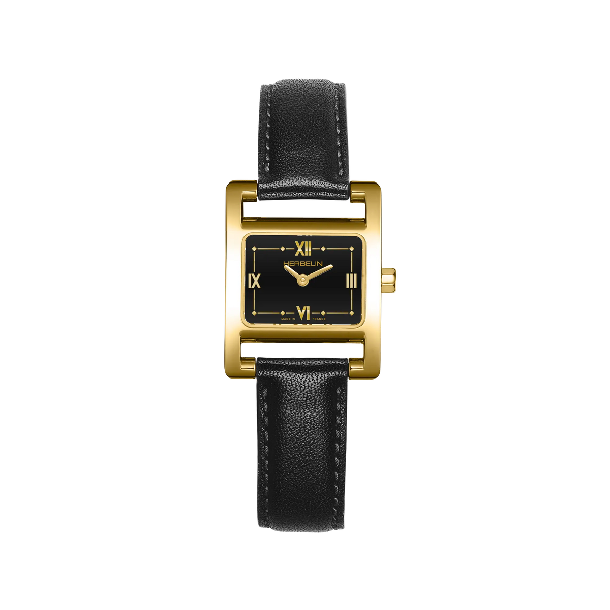 ⁣⁢Ve Avenue, quadrante laccato nero, cassa rettangolare in acciaio PVD oro giallo, cinturino in pelle⁤⁣