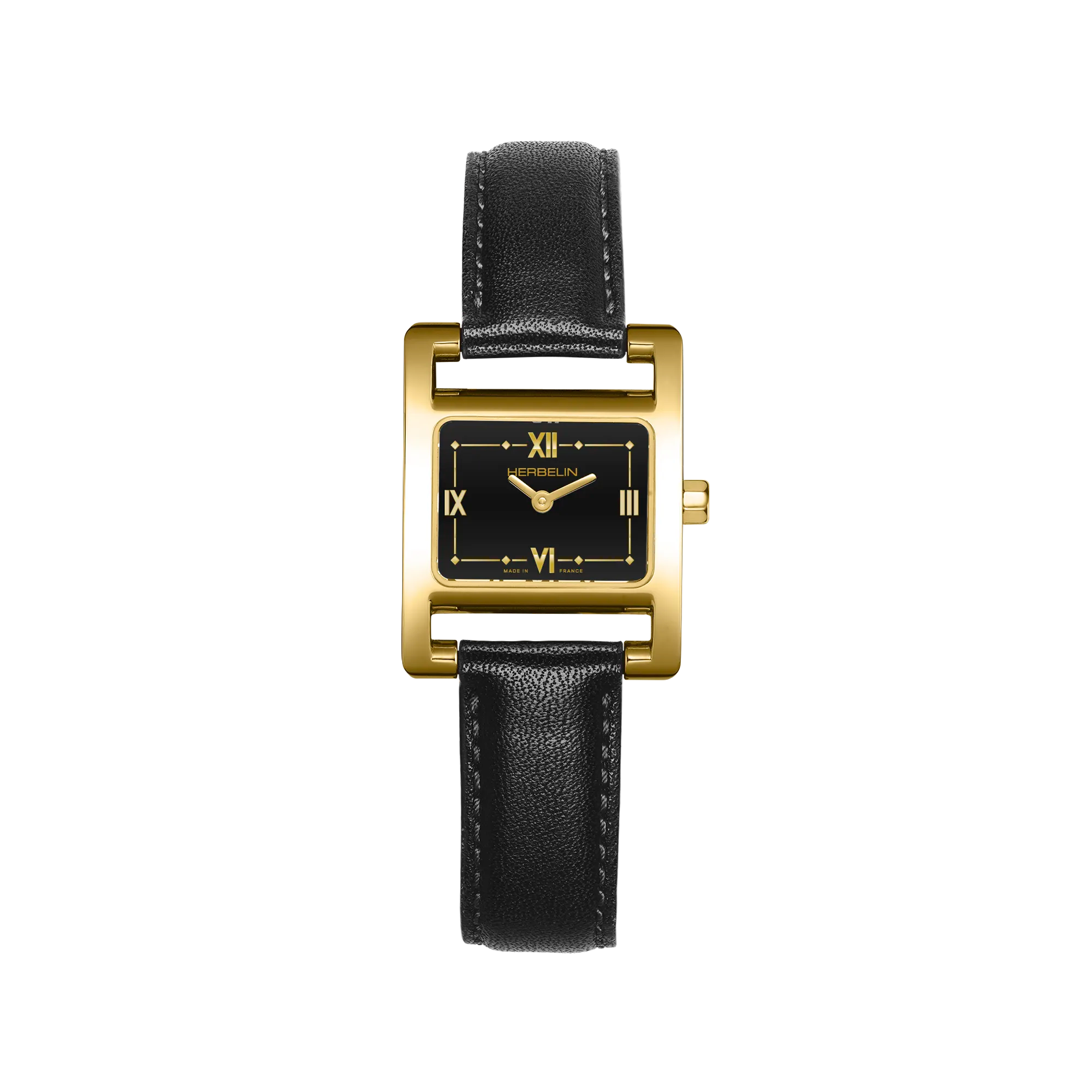 Ve Avenue, cadran laqué noir, boîtier rectangle acier PVD or jaune, bracelet cuir