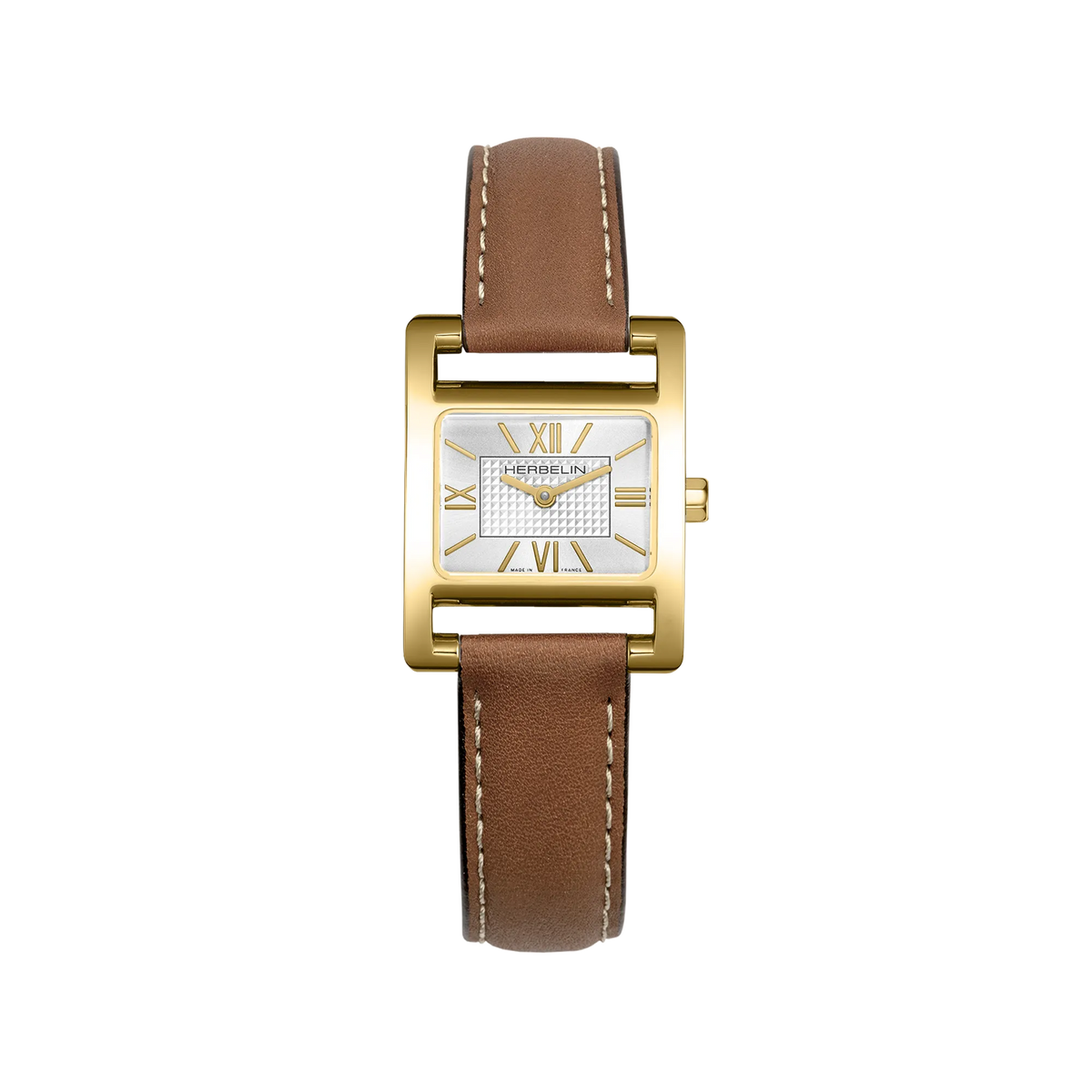 ⁣⁢Ve Avenue, quadrante argenté guilloché, cassa rettangolare in acciaio PVD oro giallo, cinturino in pelle⁤⁣