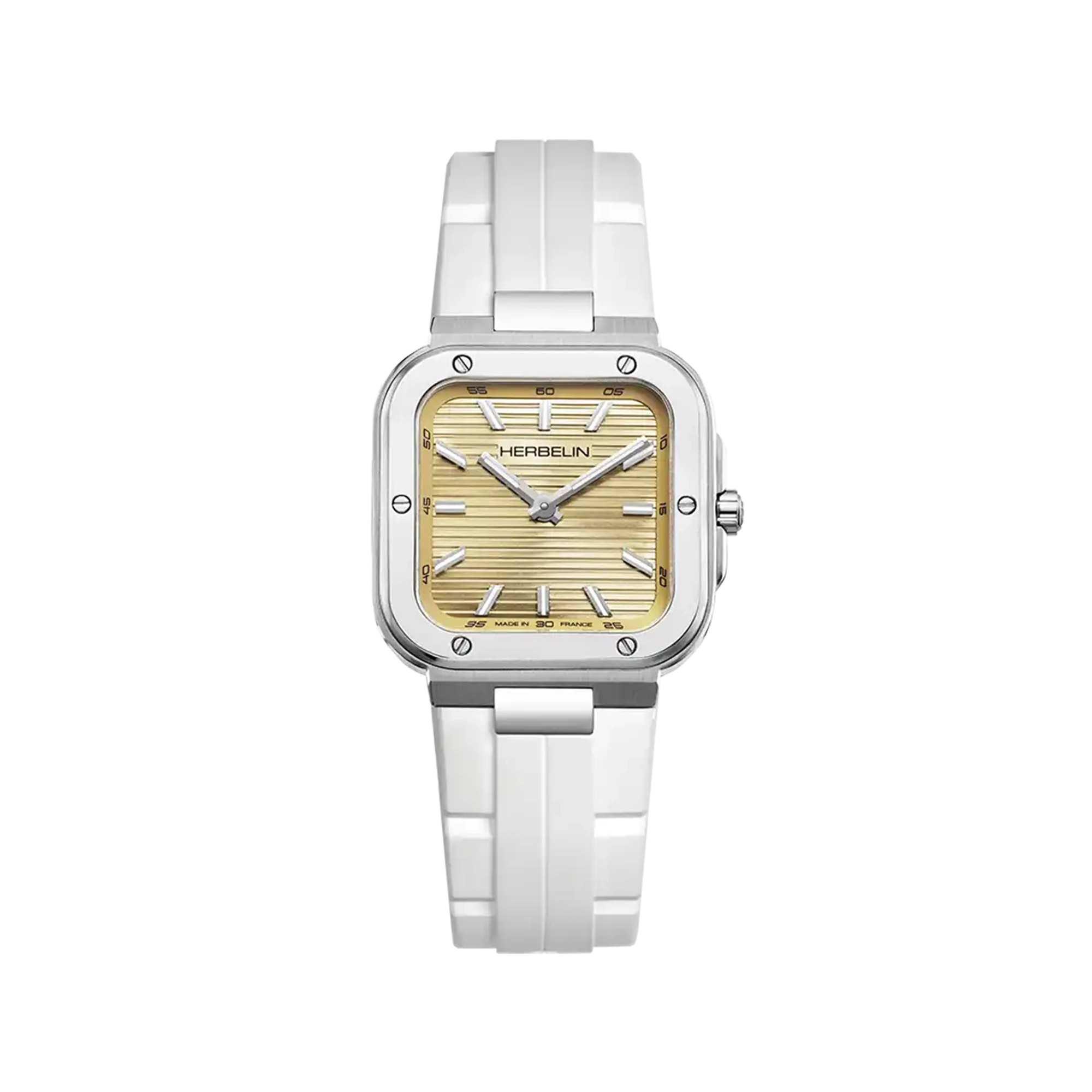 Cap Camarat, cadran champagne, boîtier carré acier, bracelet caoutchouc