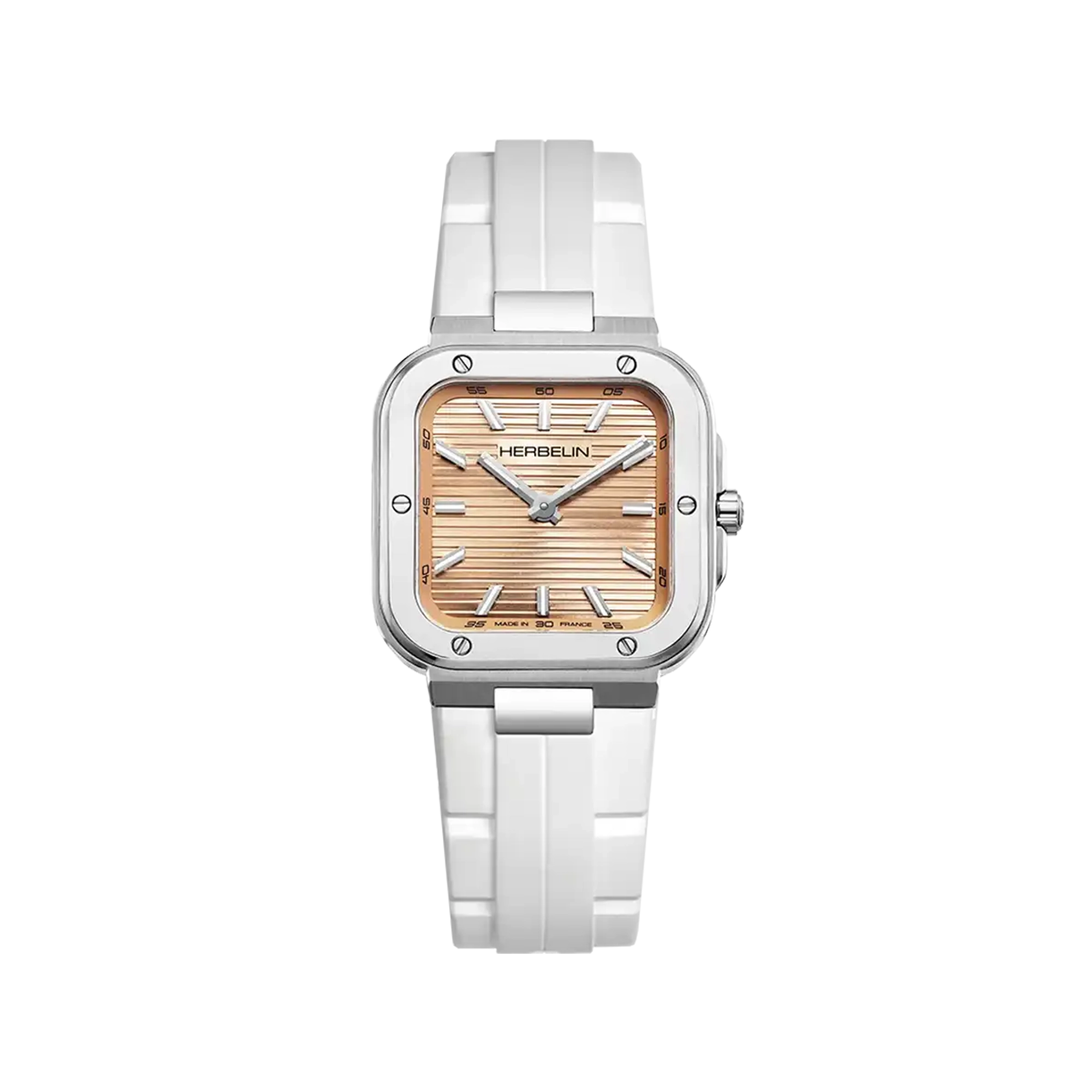 Cap Camarat, cadran champagne rosé, boîtier carré acier, bracelet caoutchouc