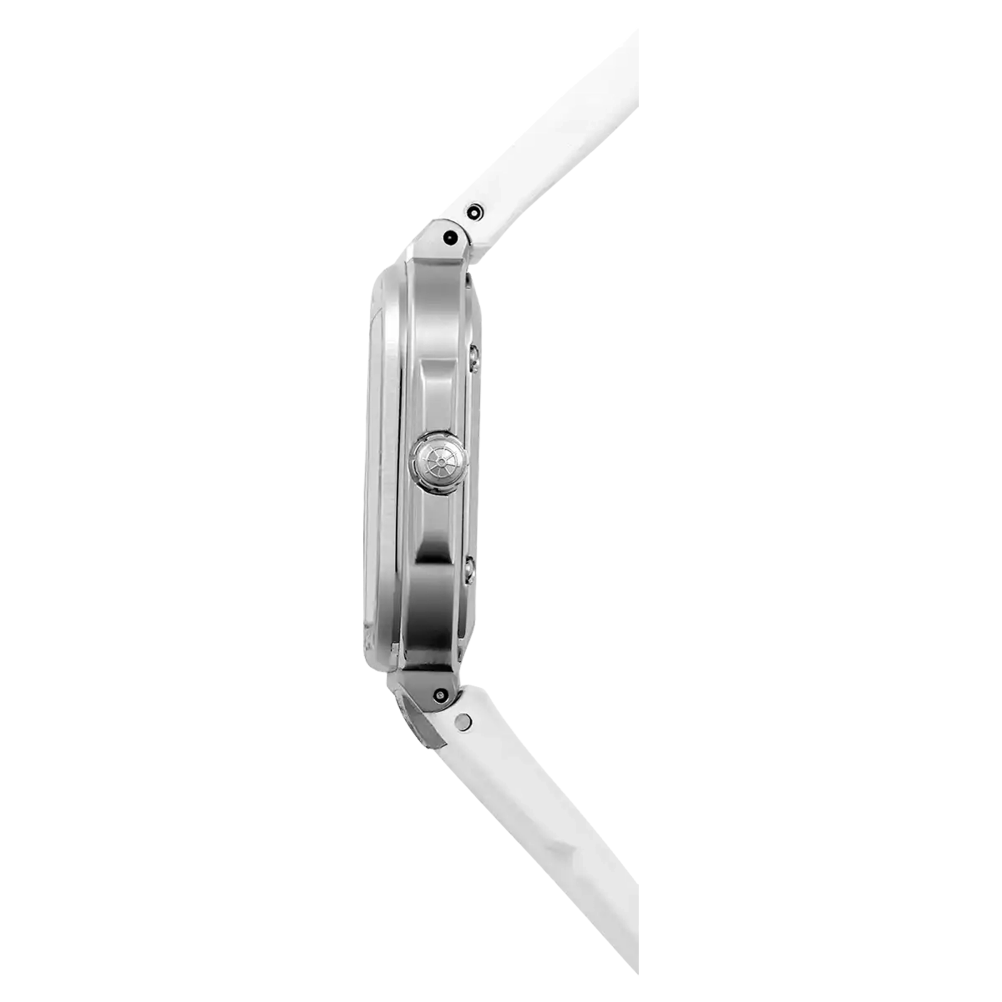 Vue de profil, tranche acier, couronne et attaches du bracelet caoutchouc