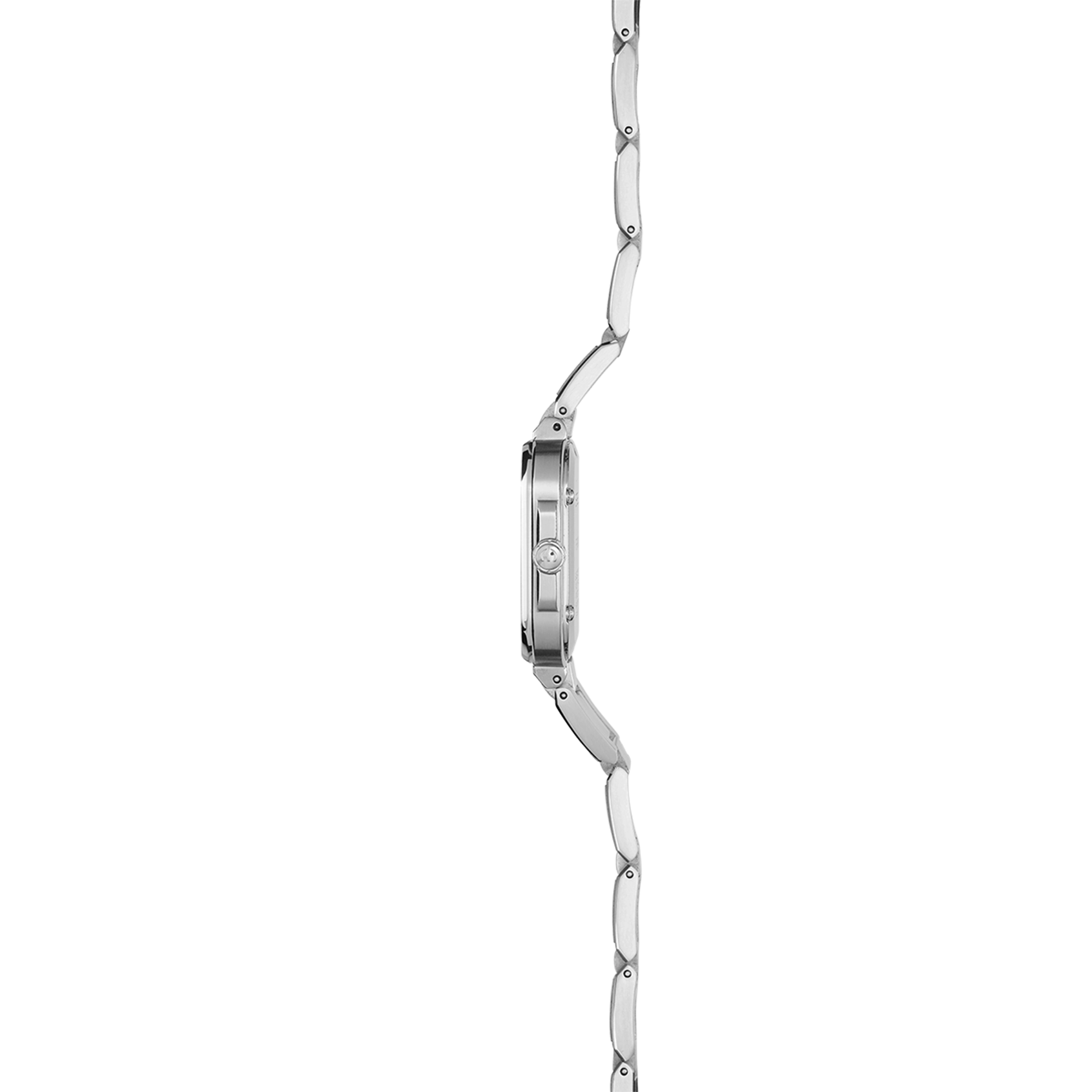 Vue de profil, tranche acier, couronne et attaches du bracelet acier