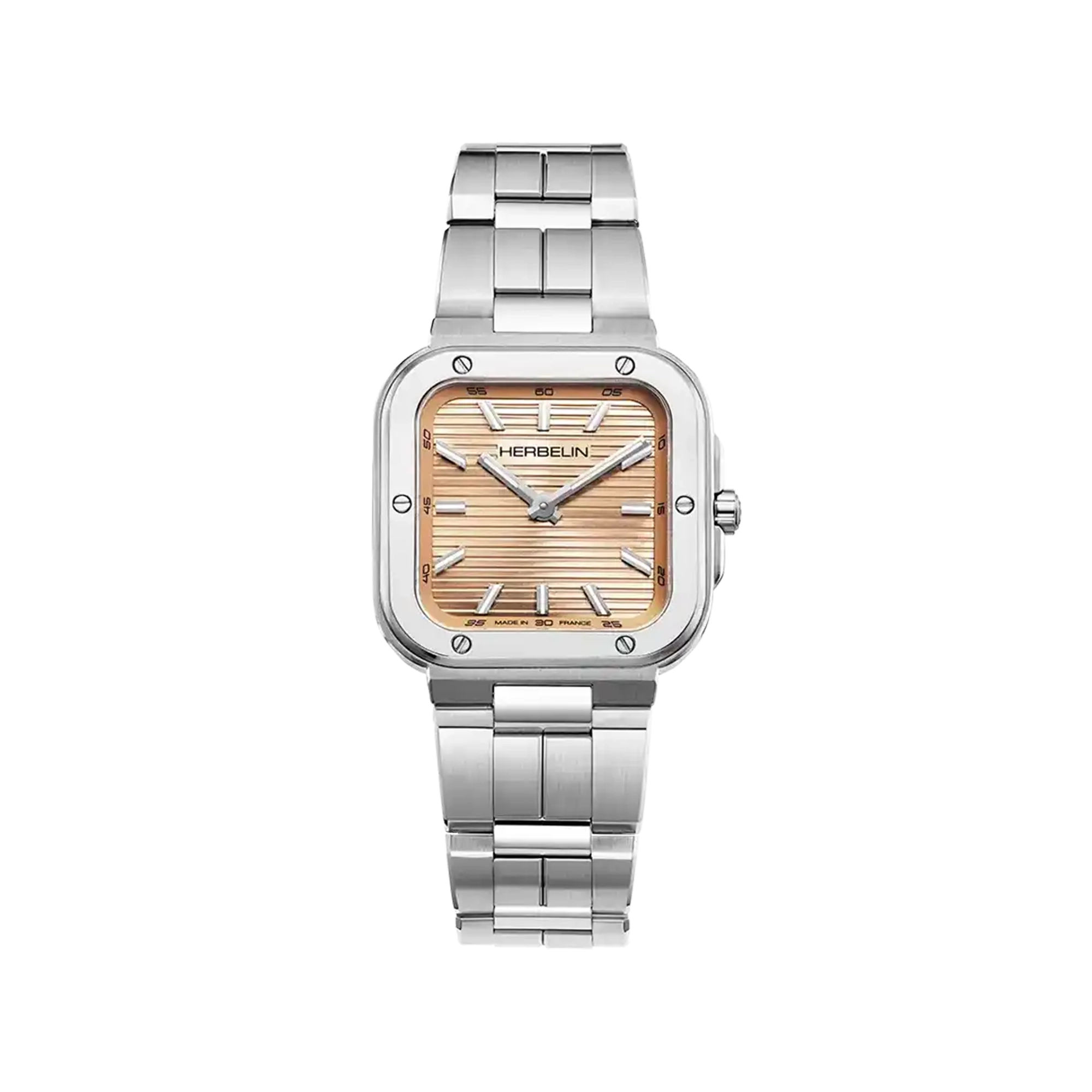 Cap Camarat, cadran champagne rosé, boîtier carré acier, bracelet acier
