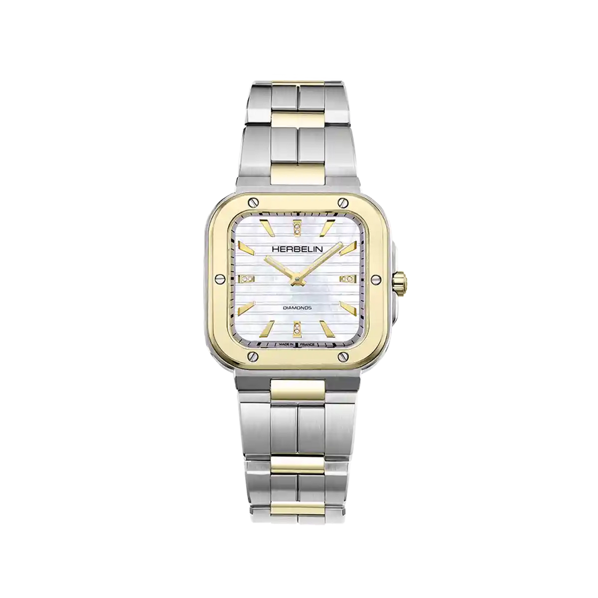 ⁣⁢Cap Camarat, white mother-of-pearl dial, yellow gold PVD steel square case, two-tone steel bracelet⁤⁣