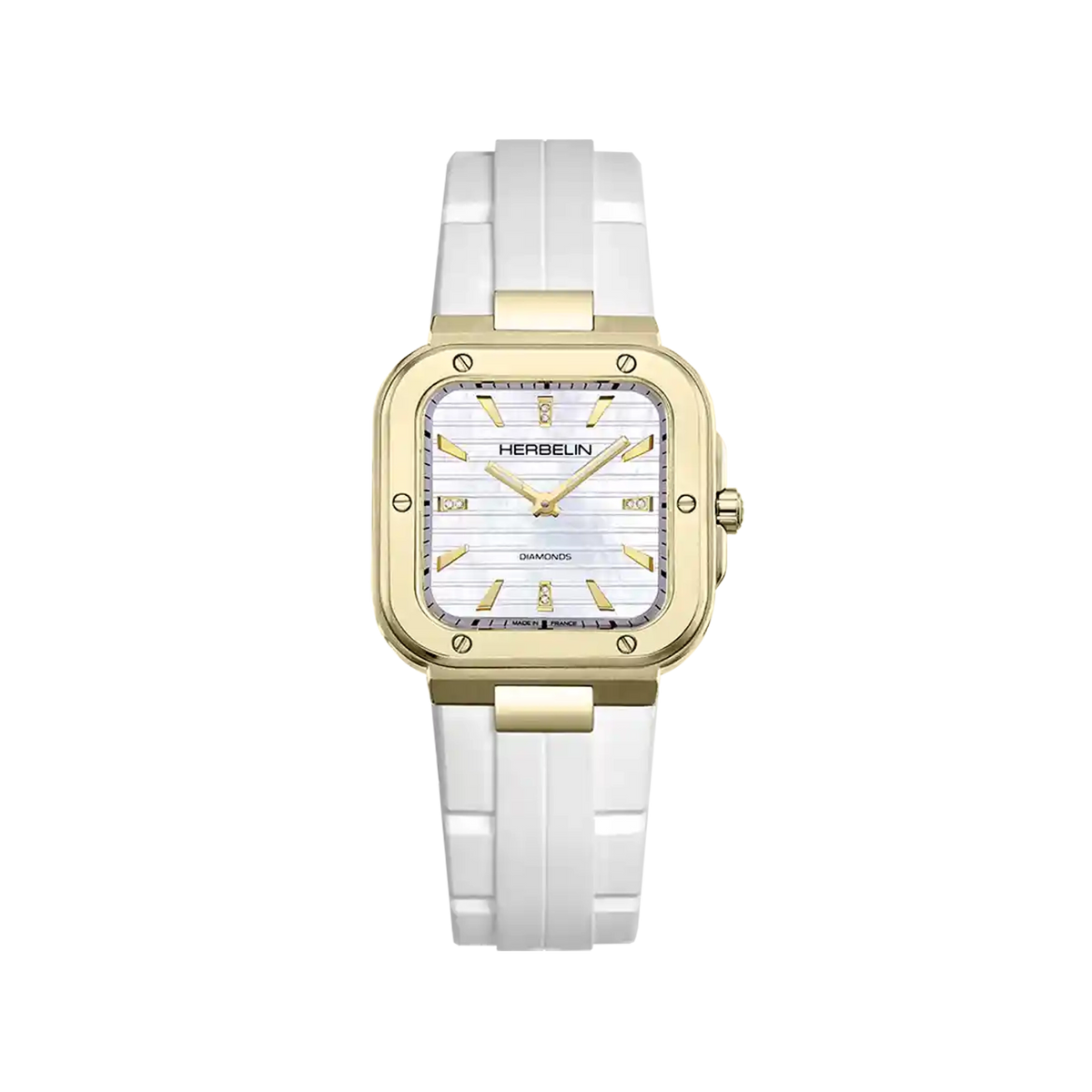 ⁣⁢Cap Camarat, white mother-of-pearl dial, square steel case with yellow gold PVD, rubber strap⁤⁣