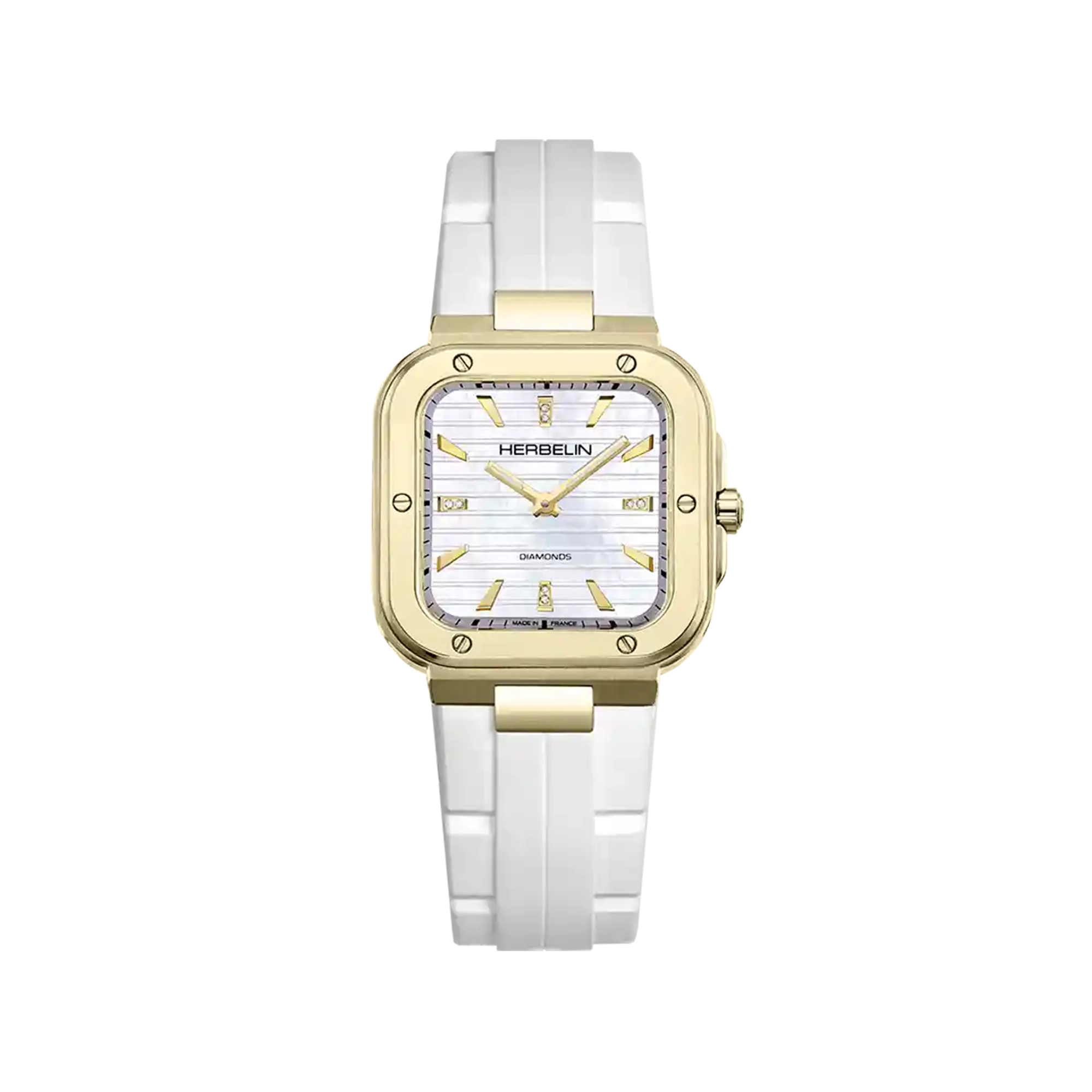 Cap Camarat, cadran nacre blanche, boîtier carré acier PVD or jaune, bracelet caoutchouc