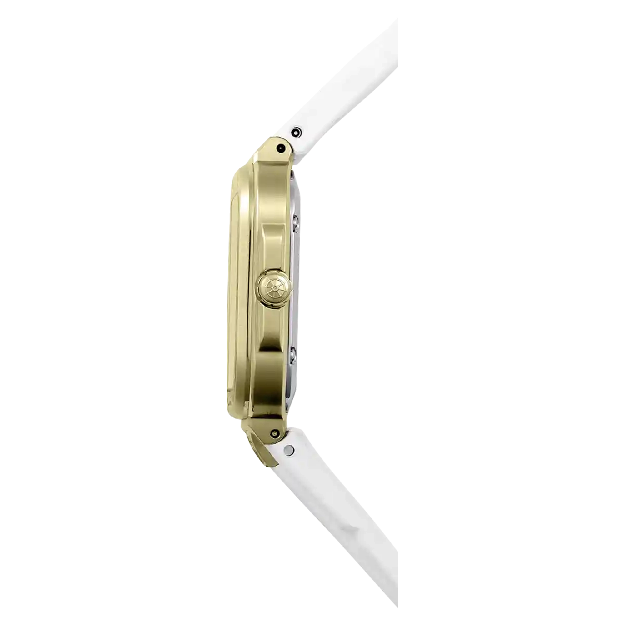 Vue de profil, tranche acier PVD or jaune, couronne et attaches du bracelet caoutchouc