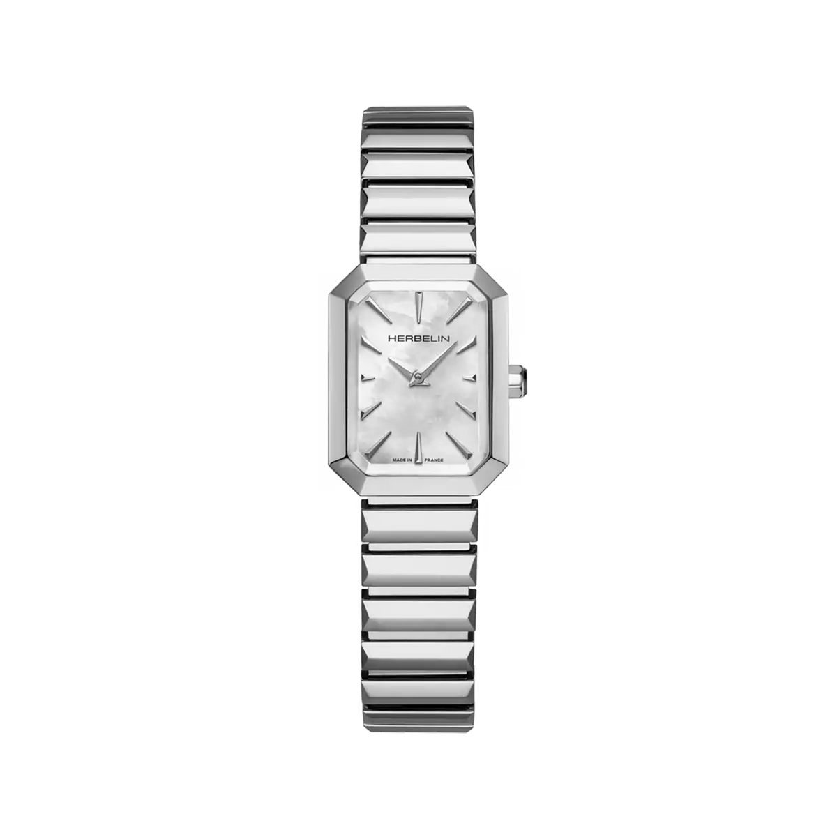 ⁣⁢Octogône, esfera de nácar blanco, caja rectangular de acero, brazalete de acero⁤⁣
